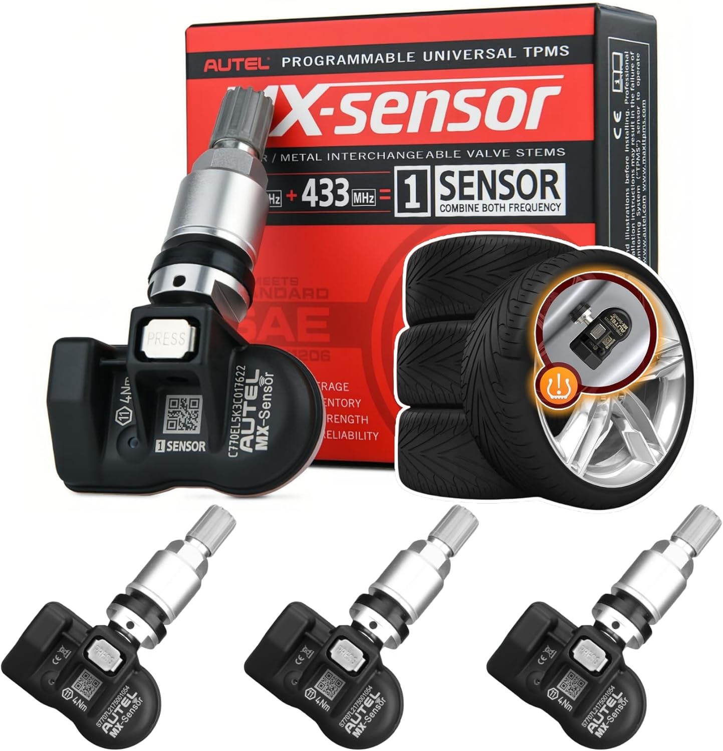 4 PCS Autel Program TPMS Sensor Fit Tire Sensor 315MHz+433MHz 2 In 1 Metal Stem