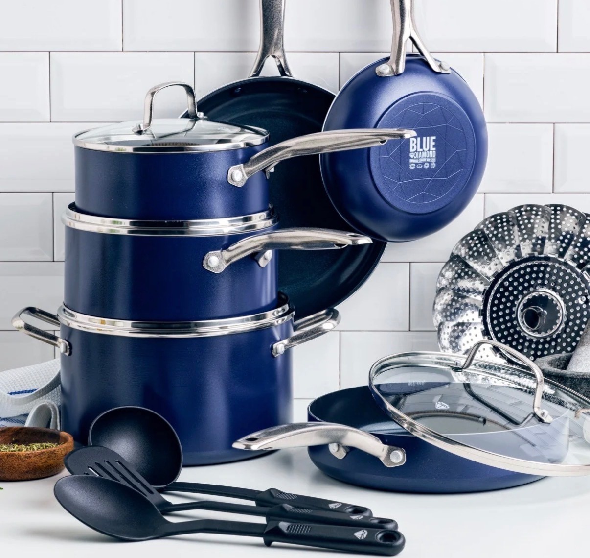 Blue Diamond 14 Piece Cookware Set, Diamond Infused Ceramic Non-stick