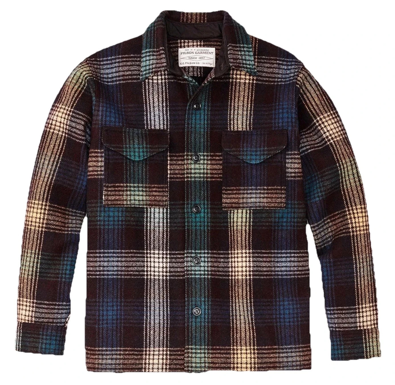 Filson Mackinaw Wool Jac Shirt Black Coffee Multi Plaid 24oz USA Made Size XS