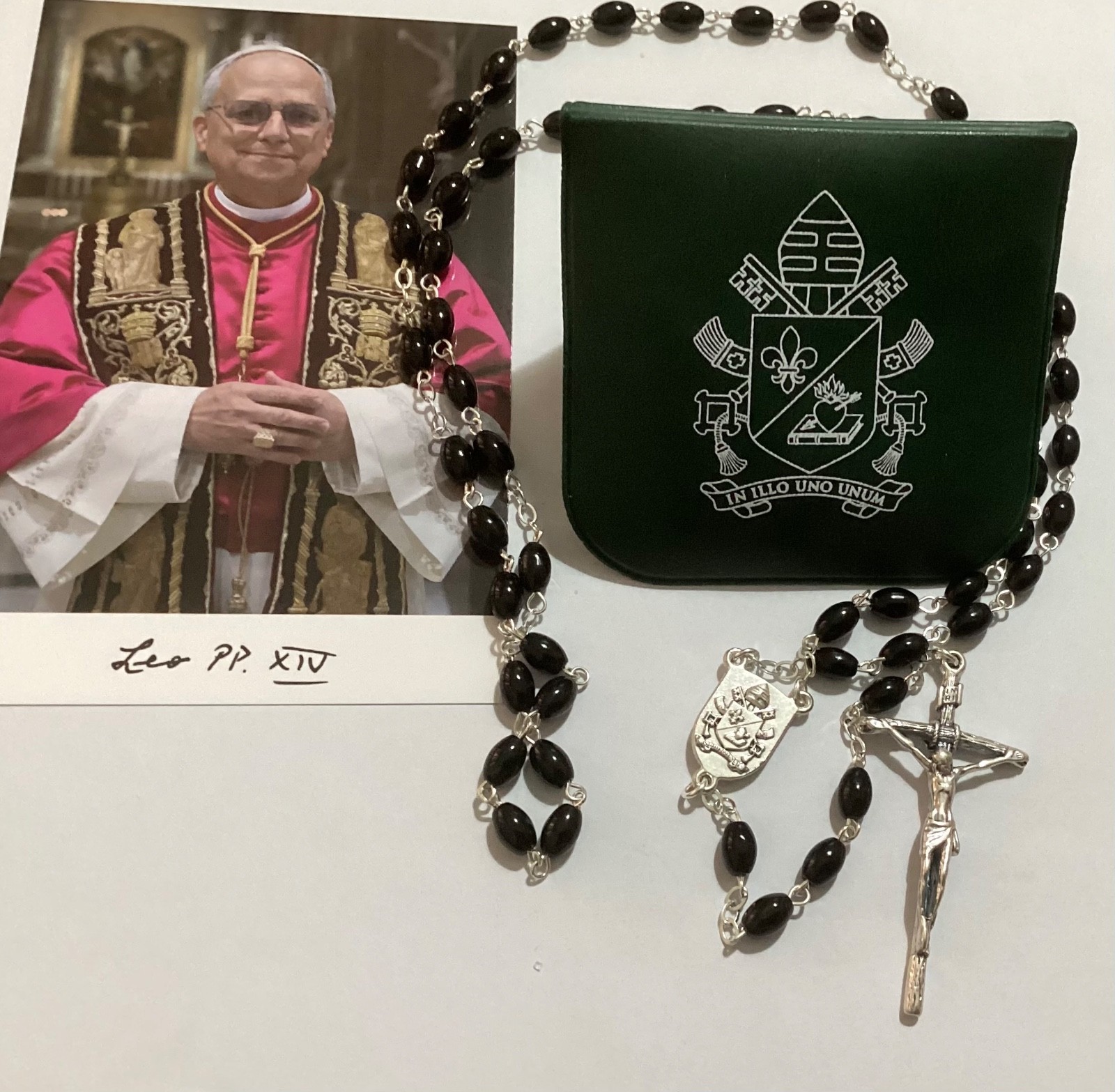 Rare Official Black Beads Pearl Rosary Green Leather Case Pope Leo XIV