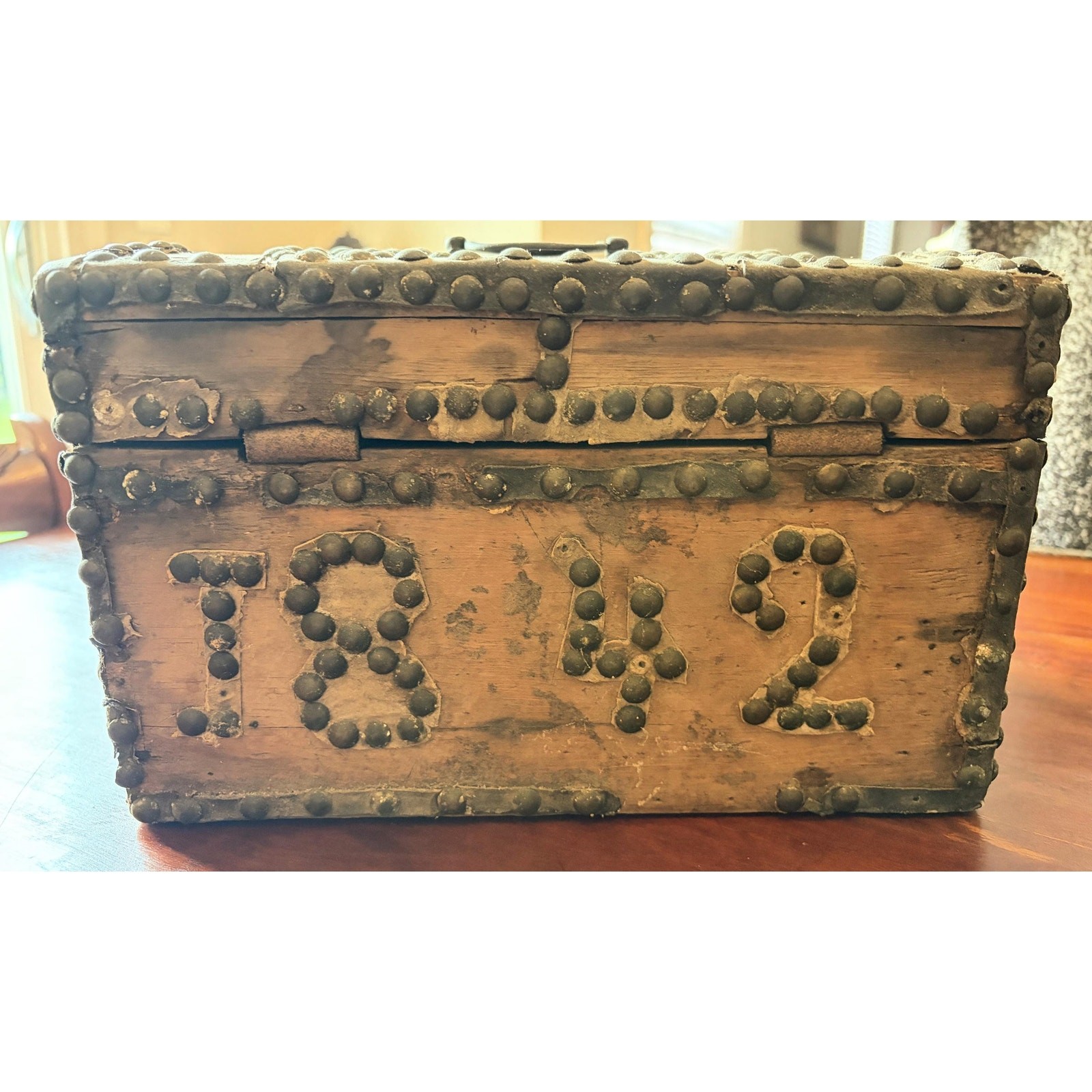 Authentic Antique 1842 Primitive Wooden Document Box, Leather Hinges Folk Art
