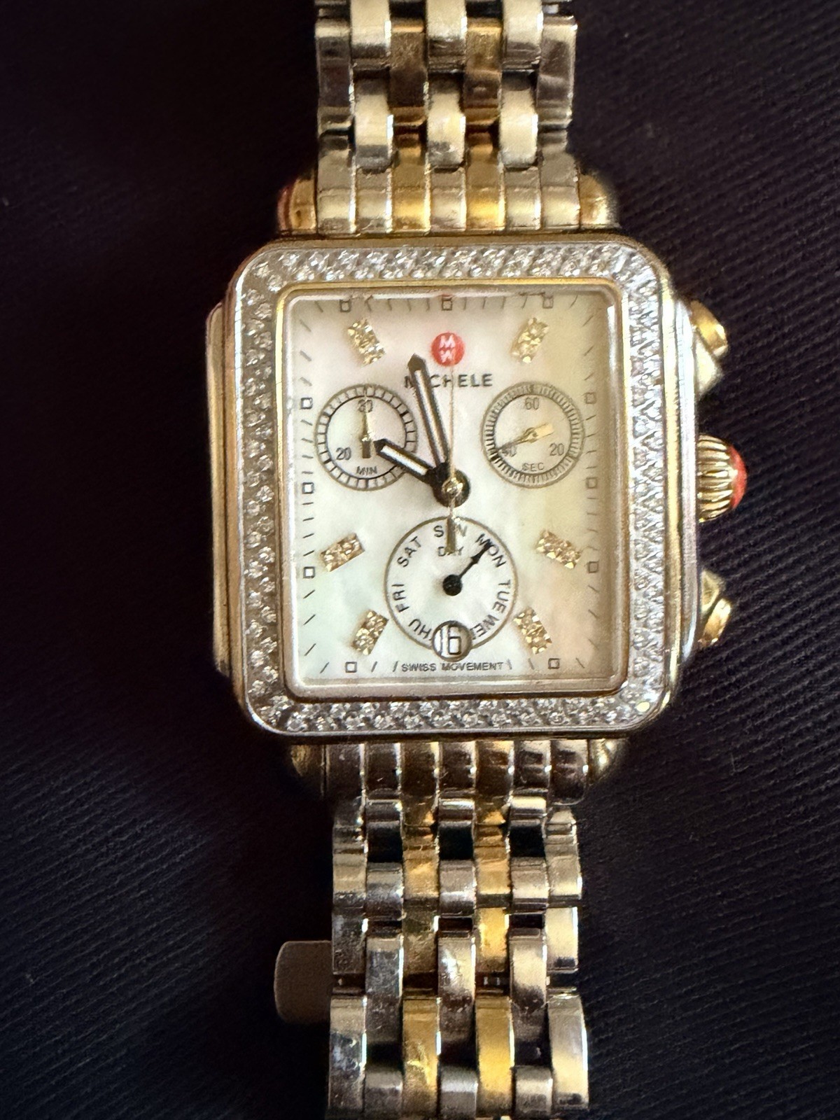MICHELE Deco Two-Tone Swiss Quartz Chronograph Date Diamond Bezel Box Papers