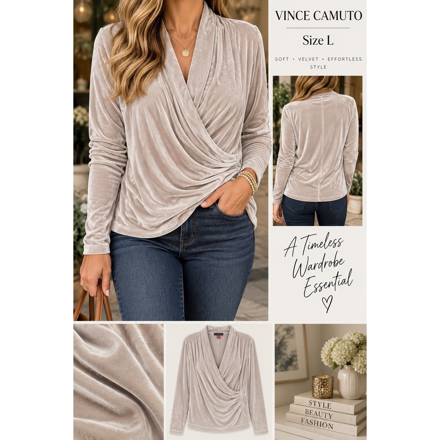 Vince Camuto Womens Beige Velvet Wrap Front Long Sleeve Blouse Size L NWT