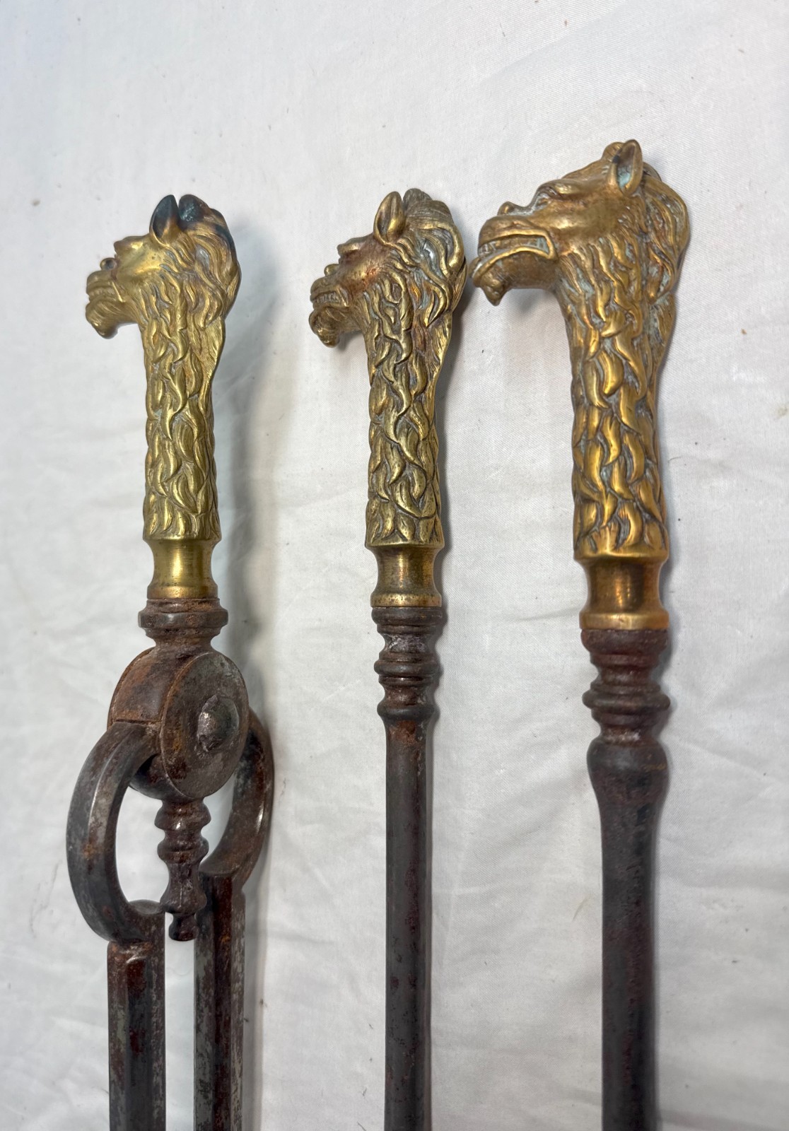 Set of 3 antique 1800s brass steel figural dragon fireplace tools poker tong