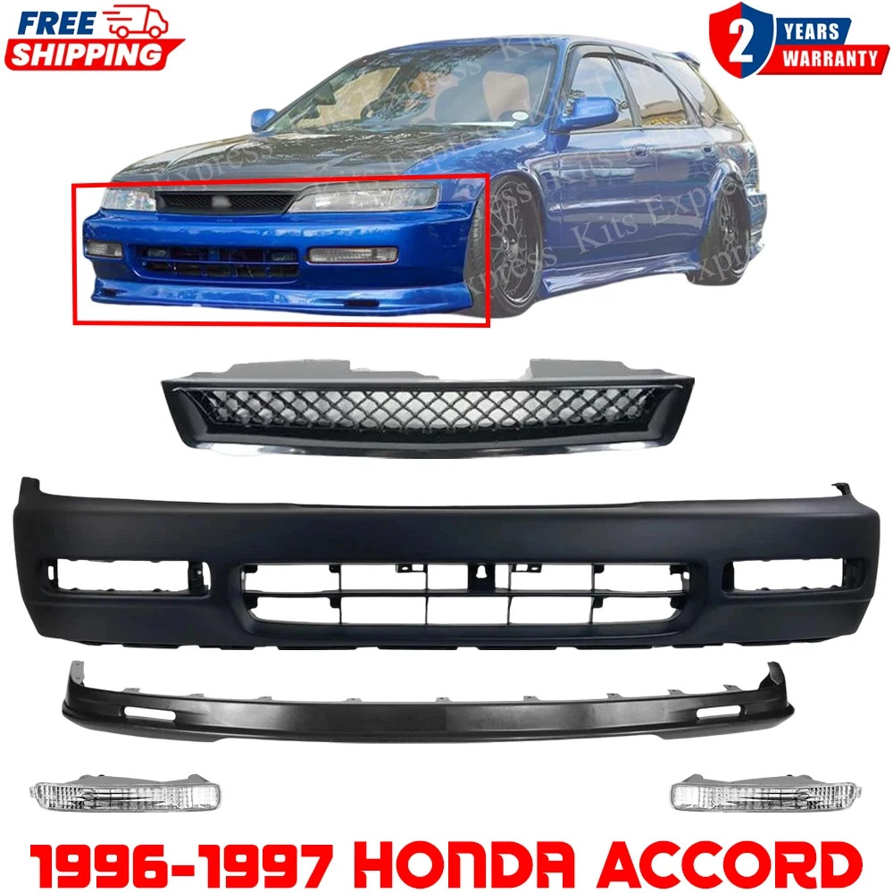 Front Bumper Cover Primed & Upper Grille & Signal Lamps For 1996-97 Honda Accord