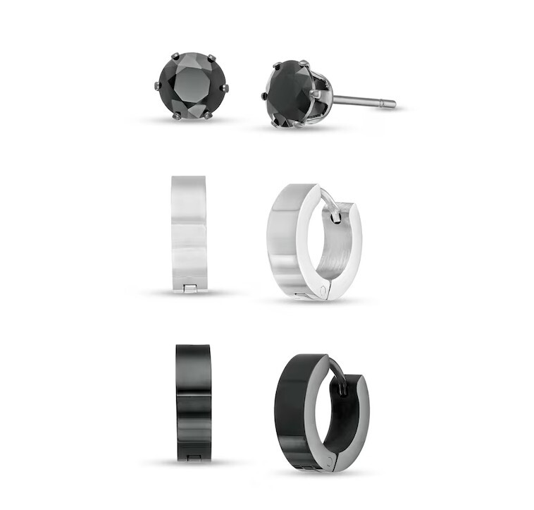 Zales Men\'s 6.0mm Black Spinel Solitaire Stud and Huggie Hoop Earrings Gift Set
