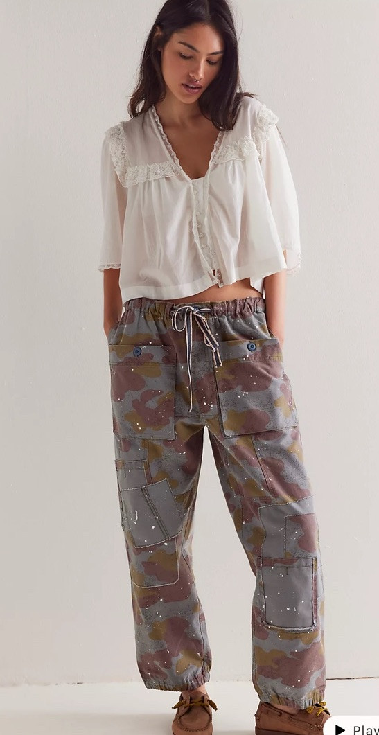 Free People Pretty Rebel Camo Pants Cargo Smocked Tie Blue Olive Brown S NWT Free People Pretty Rebel Camo Pants Cargo Smocked Tie Blue Olive Brown S NWT