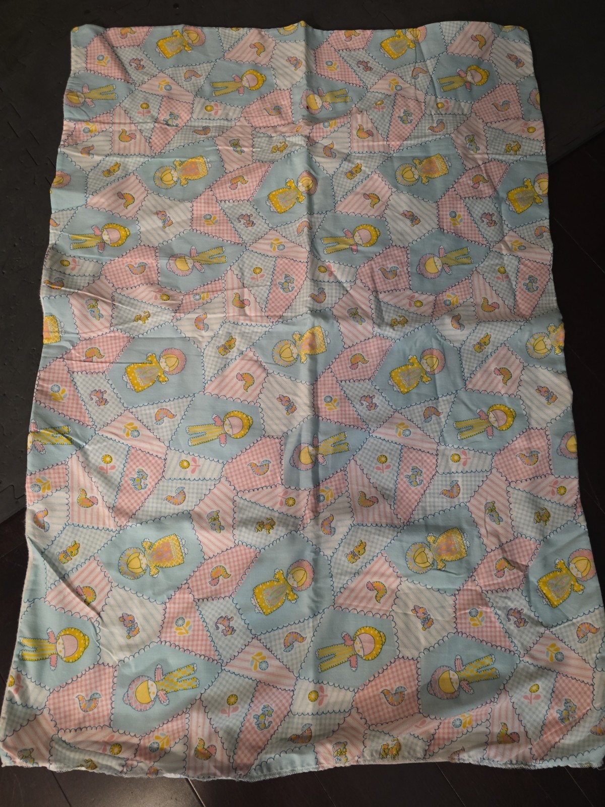 VTG Quilted Baby Blanket Doll Bird Bunny Kitchey Backed Lined Pink Blue Yellow VTG Quilted Baby Blanket Doll Bird Bunny Kitchey Backed Lined Pink Blue Yellow