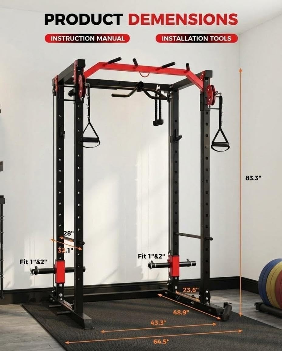 Power Rack Cage 2000 LBS Home Gym J Hooks Pulley System Squat Stand Bench Press
