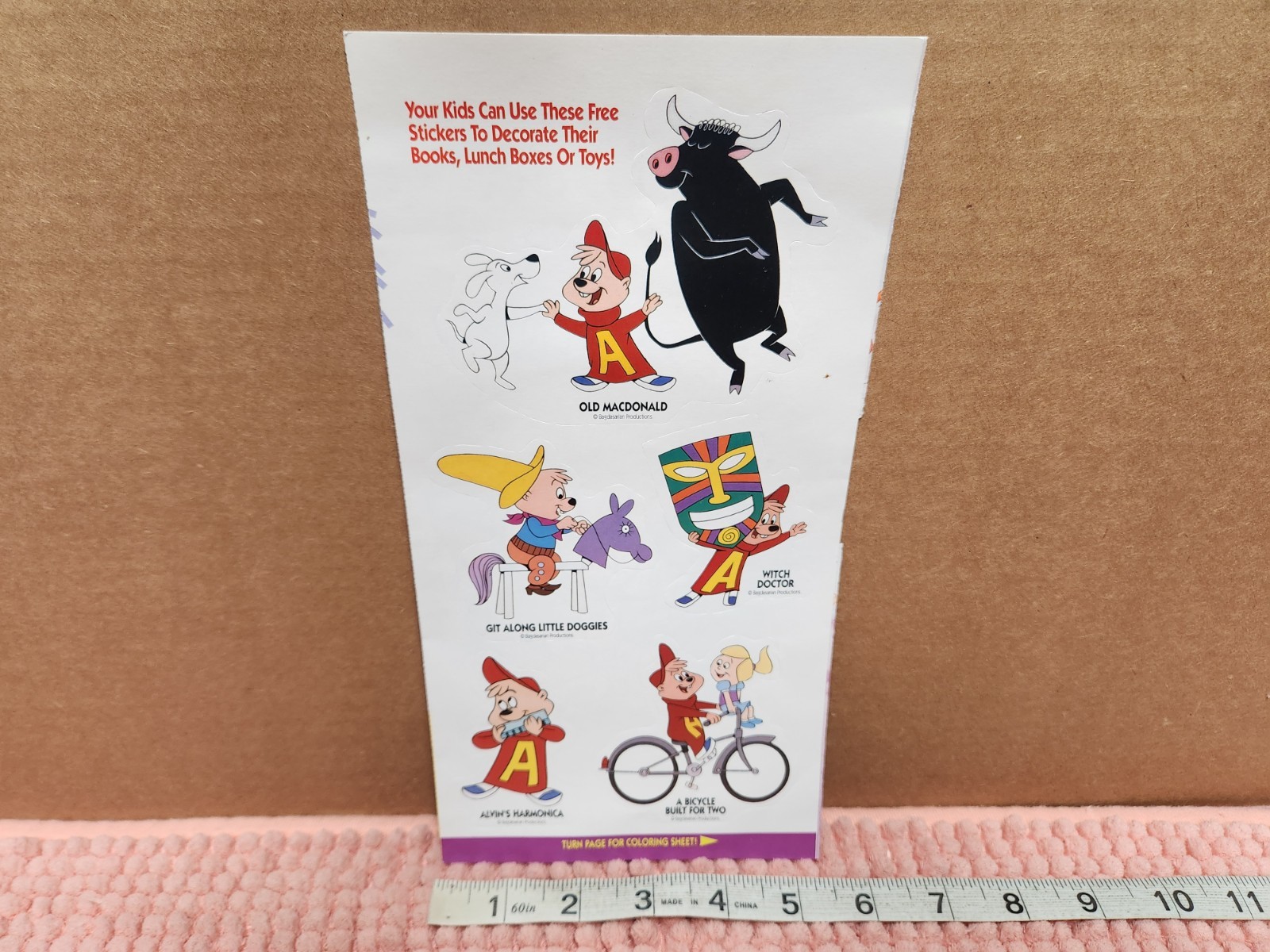 VTG Alvin & The Chipmunks Sticker Sheet Ad 5 Stickers & Coloring Sheet 
