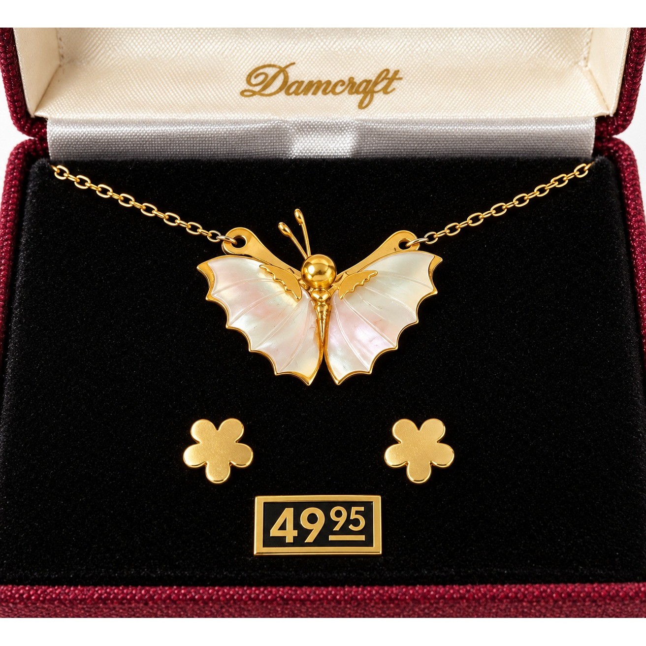 Vintage Danecraft Primavera Butterfly Mother of Pearl Necklace Earrings Set