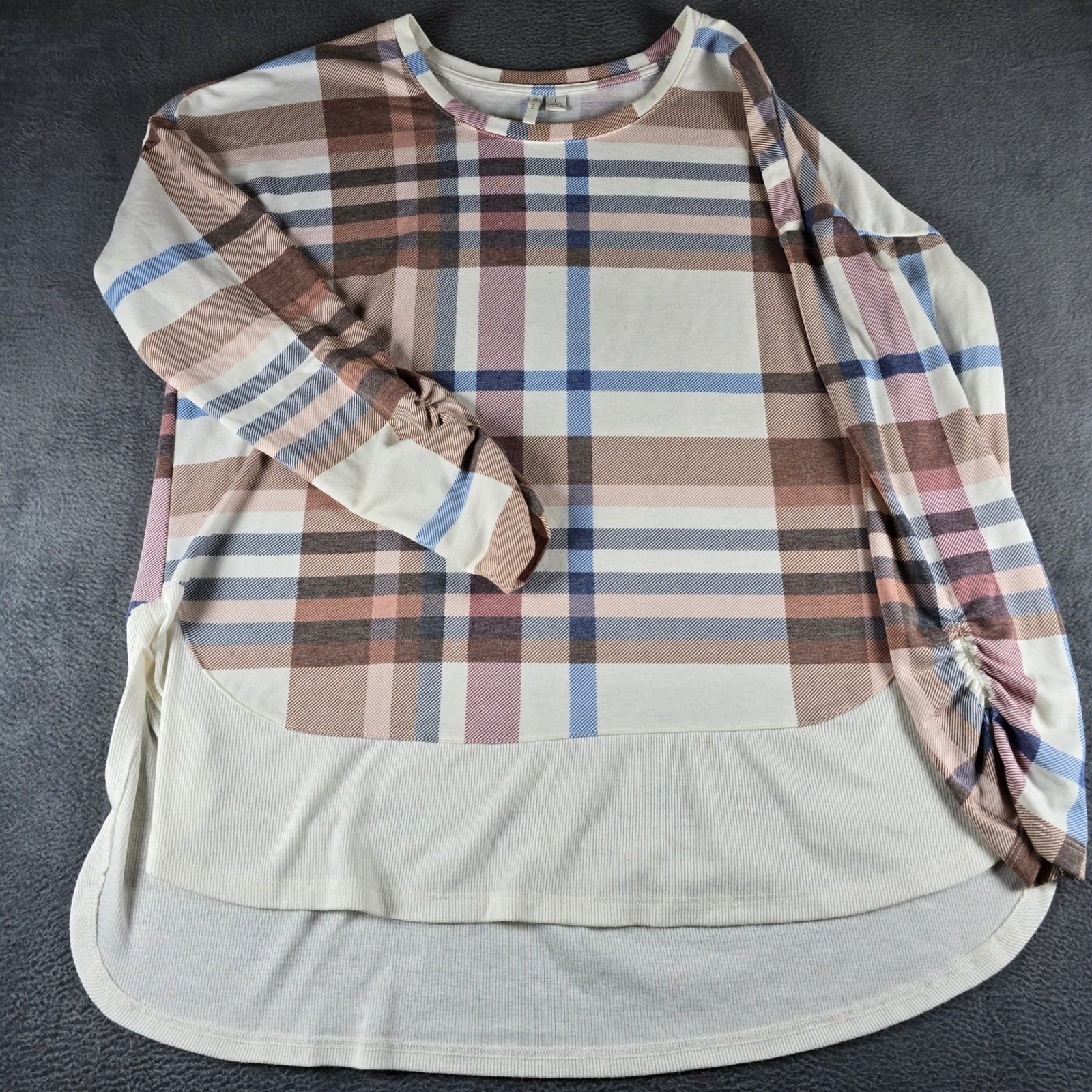 C. Wonder Womens Large Plaid Mixed Media Top Long Sleeve Ruched Brown Blue