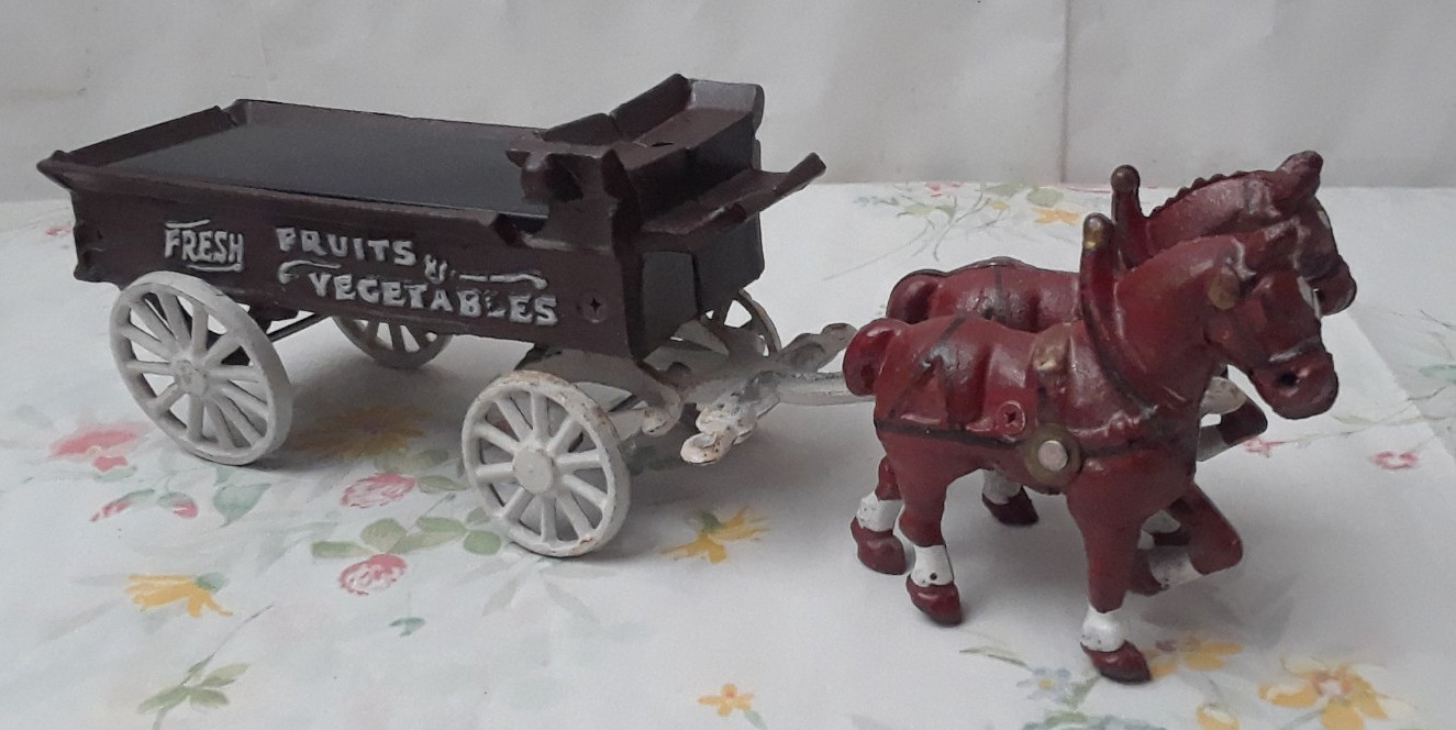 Vintage CAST IRON Fruit & Vegetable WAGON Horse Drawn Cart as is