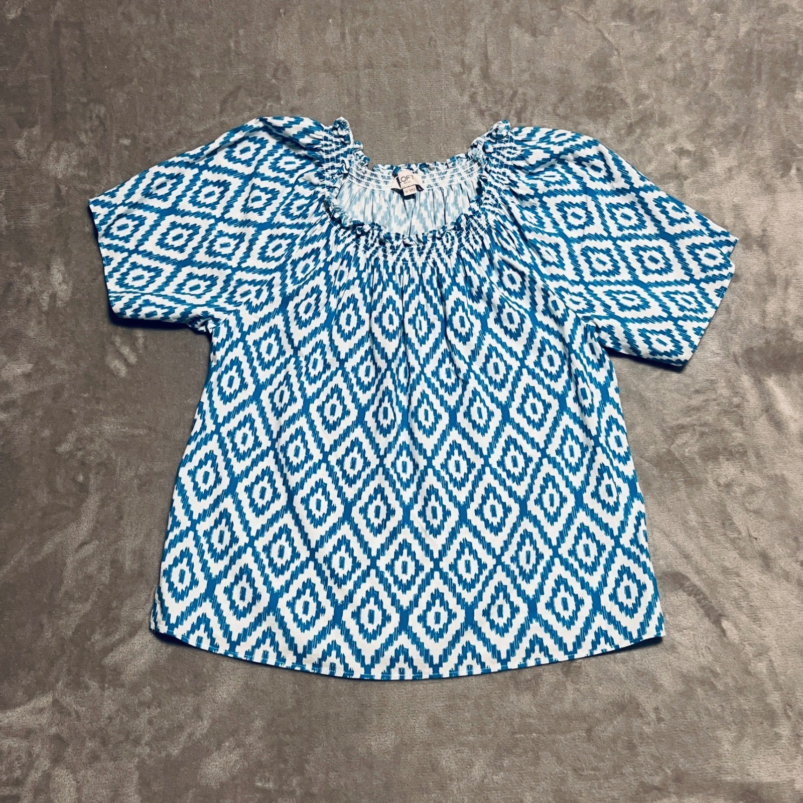 LOFT Outlet Blue White Geometric Print Smocked Off Shoulder Casual Summer Top XS
