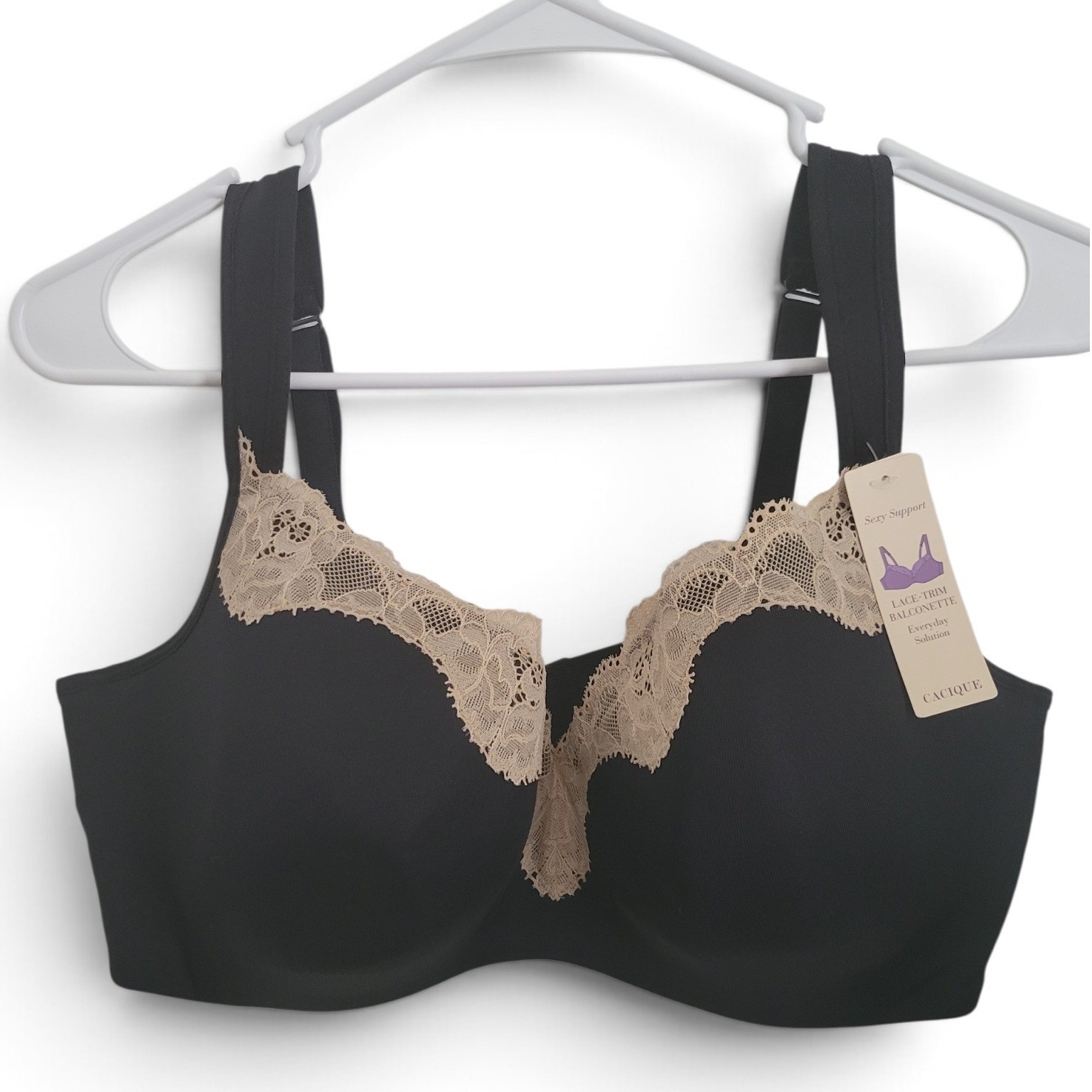 Cacique 42DD Sexy Support Lace Trim Balconette Bra Black Tan NWT Underwire