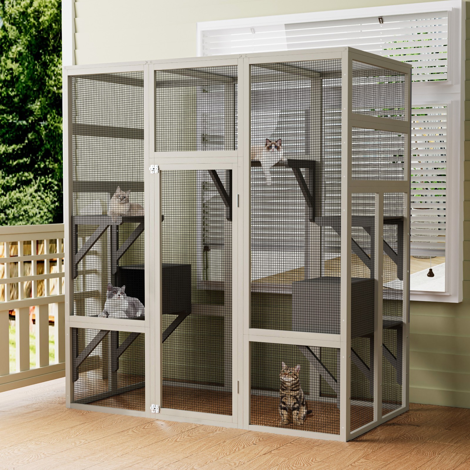 Large Outdoor Catio Wooden Cat House Enclosure with 5 Platform & 2 Resting Boxes