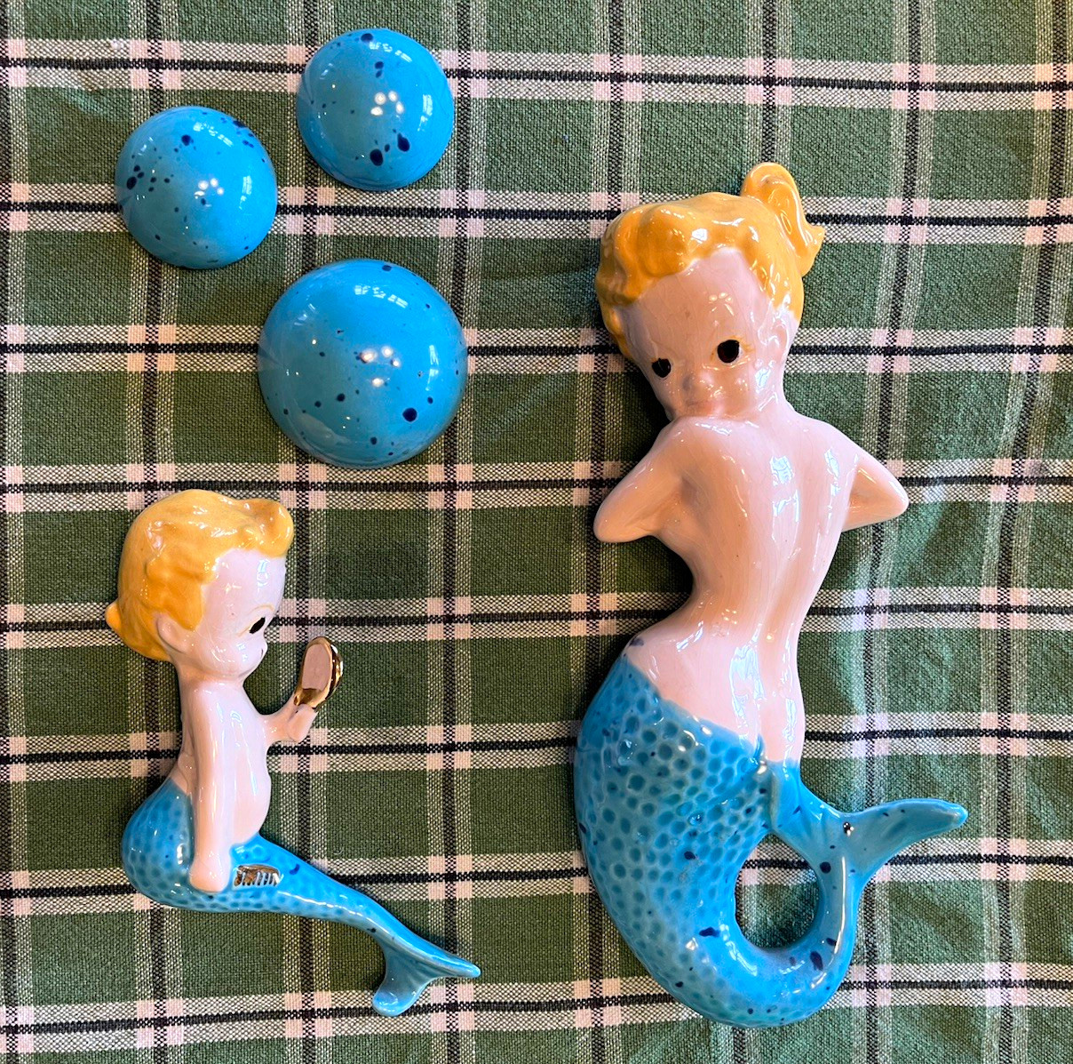 Vintage MCM Ceramic Mermaids & Bubbles 5-Piece Plaque Set Wall Decor 
