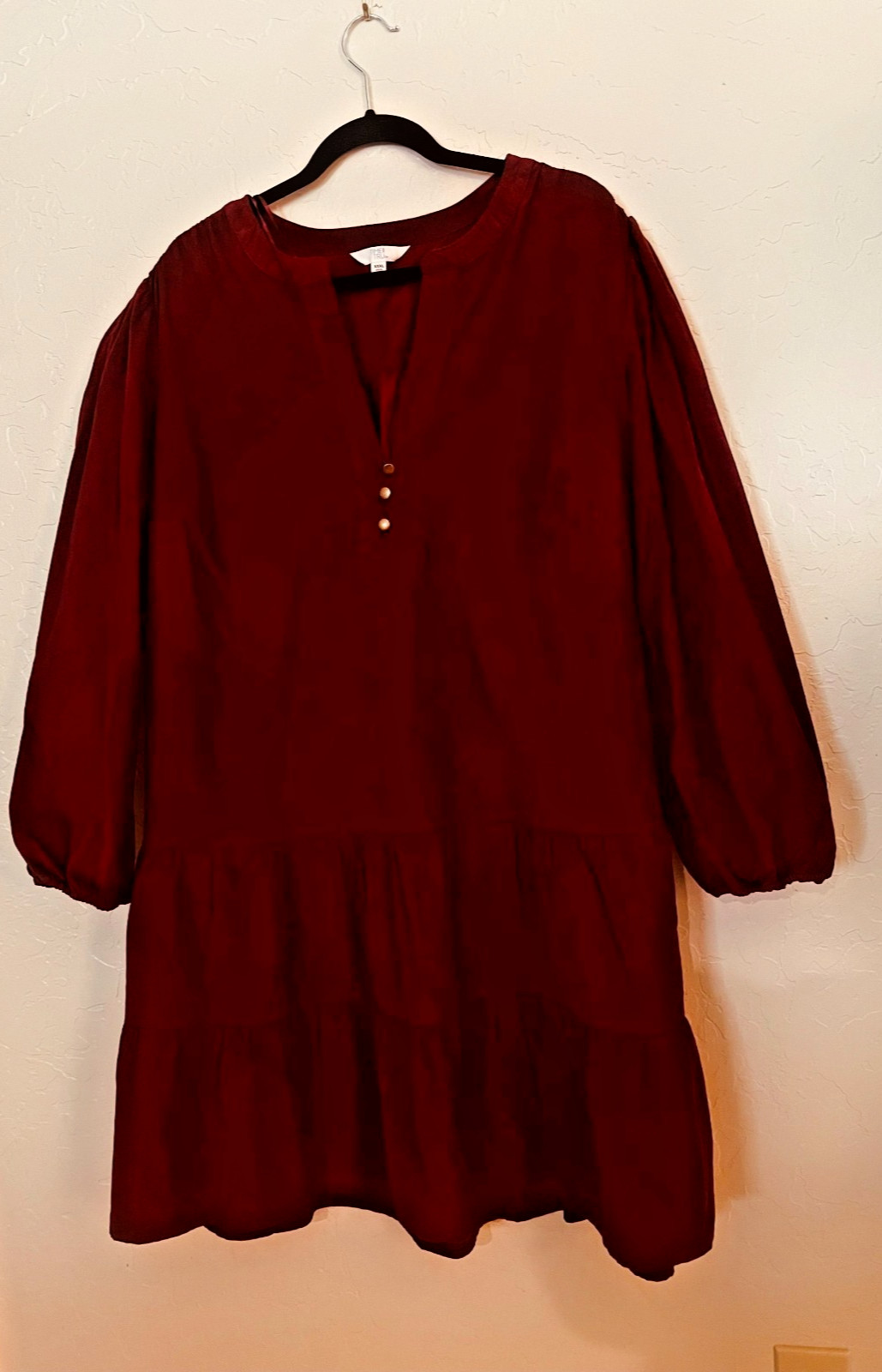 NWT Time & Tru Womens 3X Burgundy Corduroy Dress Tiered Babydoll Long Sleeve