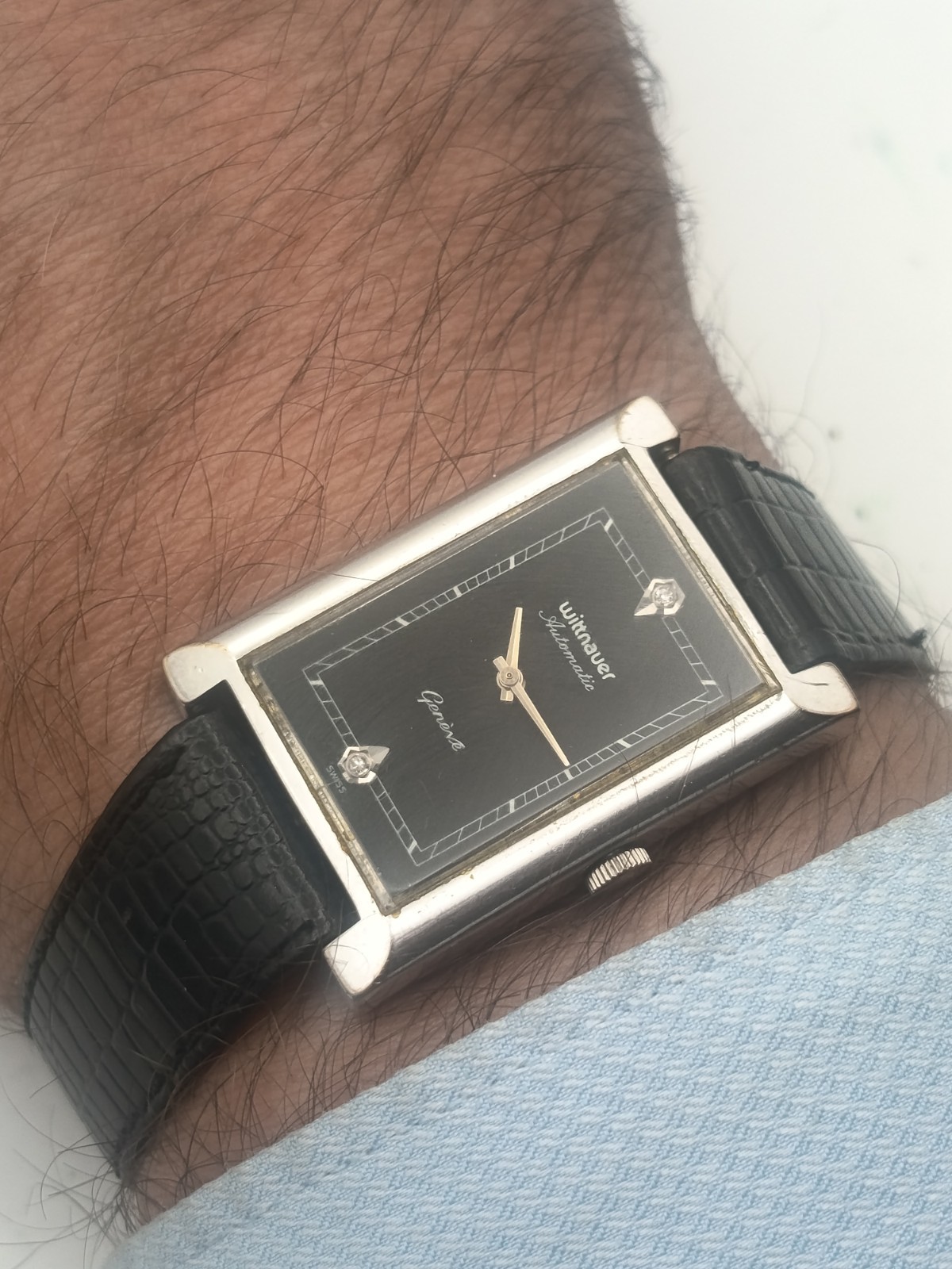 Rare Wittnauer Genève Tank style Automatic 2 Diamond Railroad Dial Vintage Swiss Rare Wittnauer Genève Tank style Automatic 2 Diamond Railroad Dial Vintage Swiss