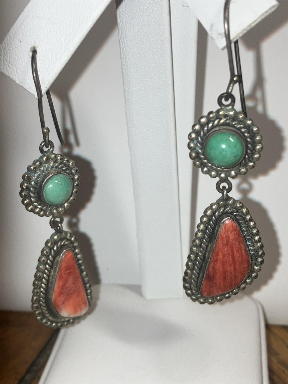Vintage Navajo Red Spiny Oyster Shell Turquoise Sterling Dangle 2.5” Earring 925
