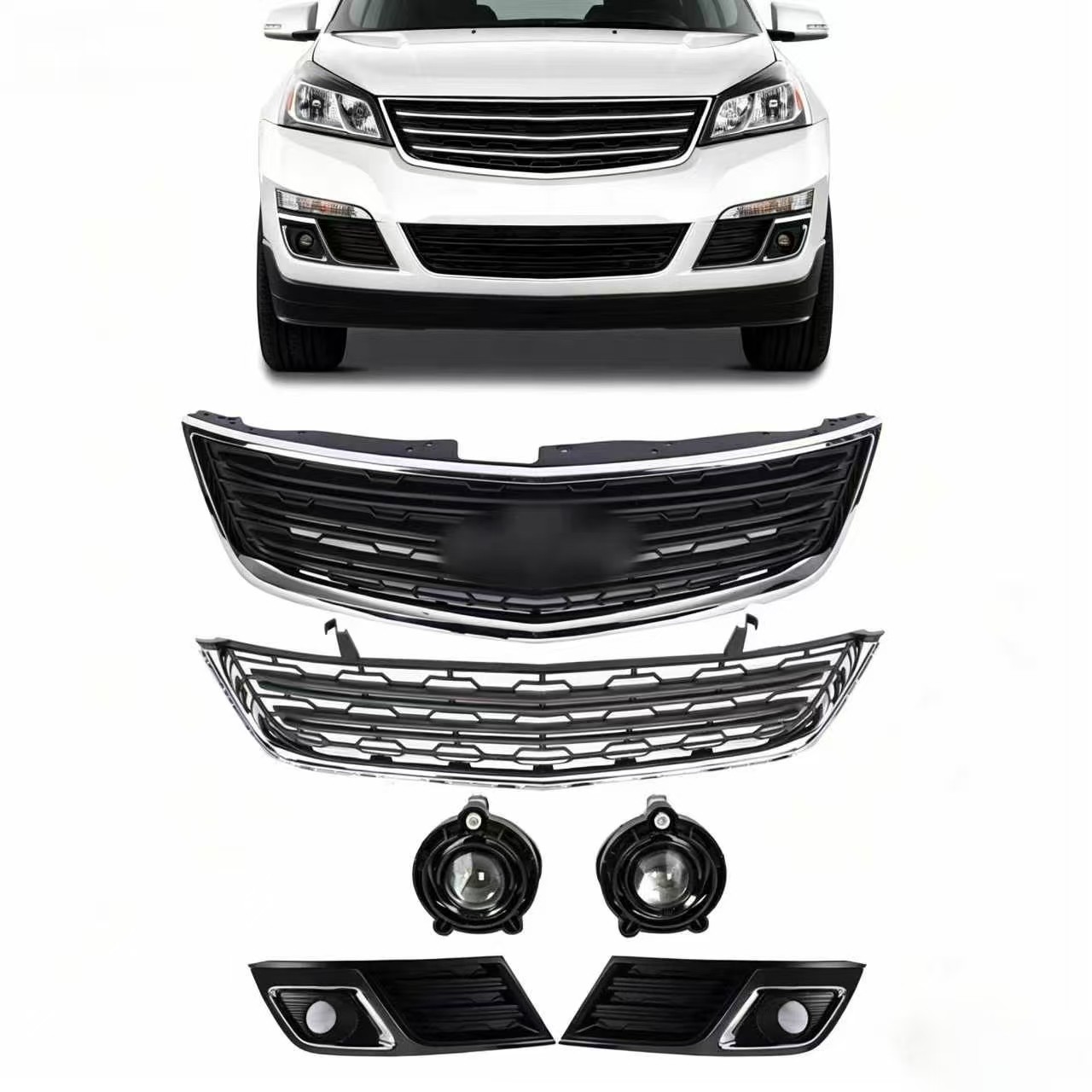 For 13-17 Chevrolet Traverse Front Upper Lower Grille&Fog Light&Bezels Set 6pcs