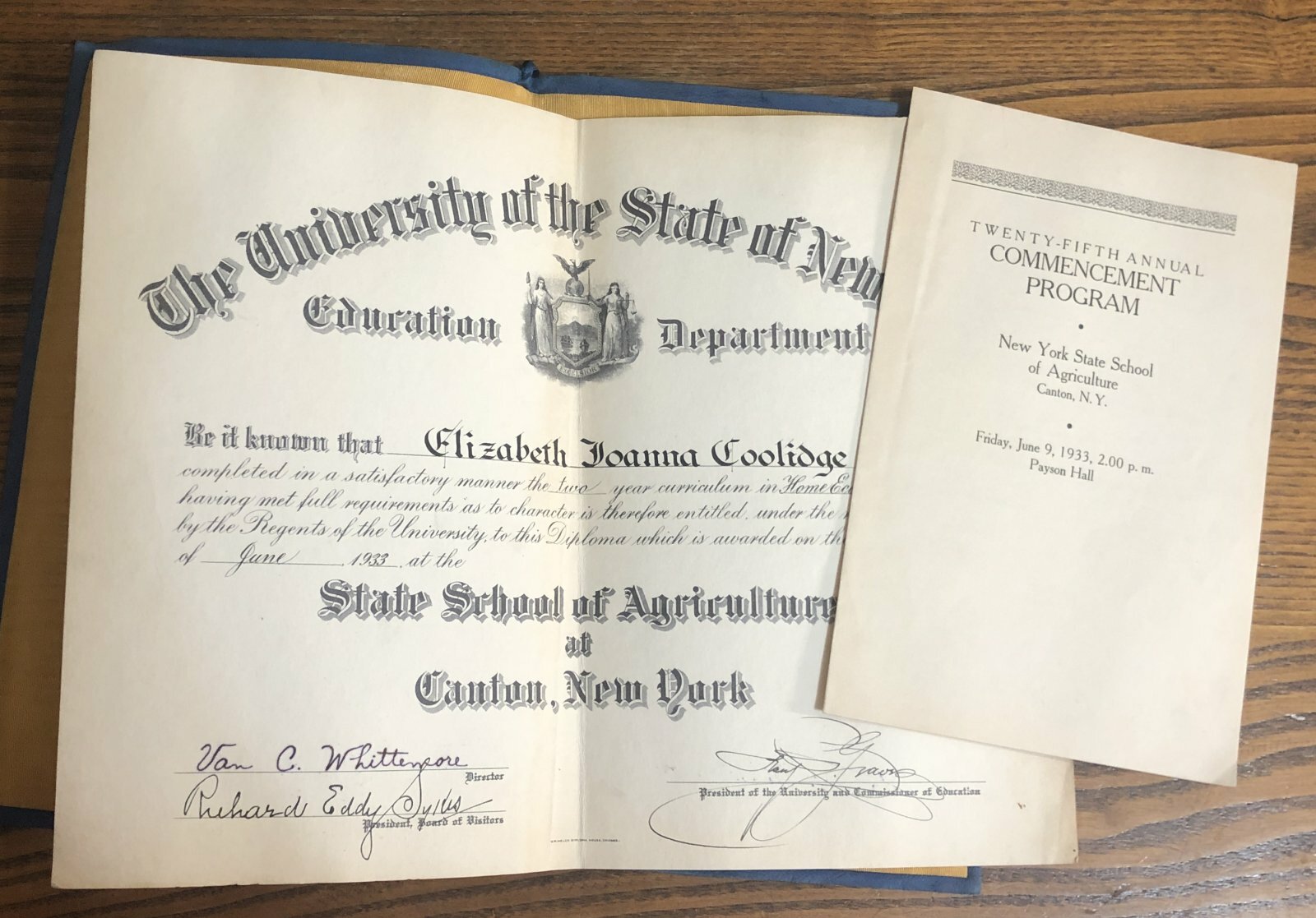 1933 Canton NY School of Agriculture Certificate & Program Elizabeth J. Coolidge