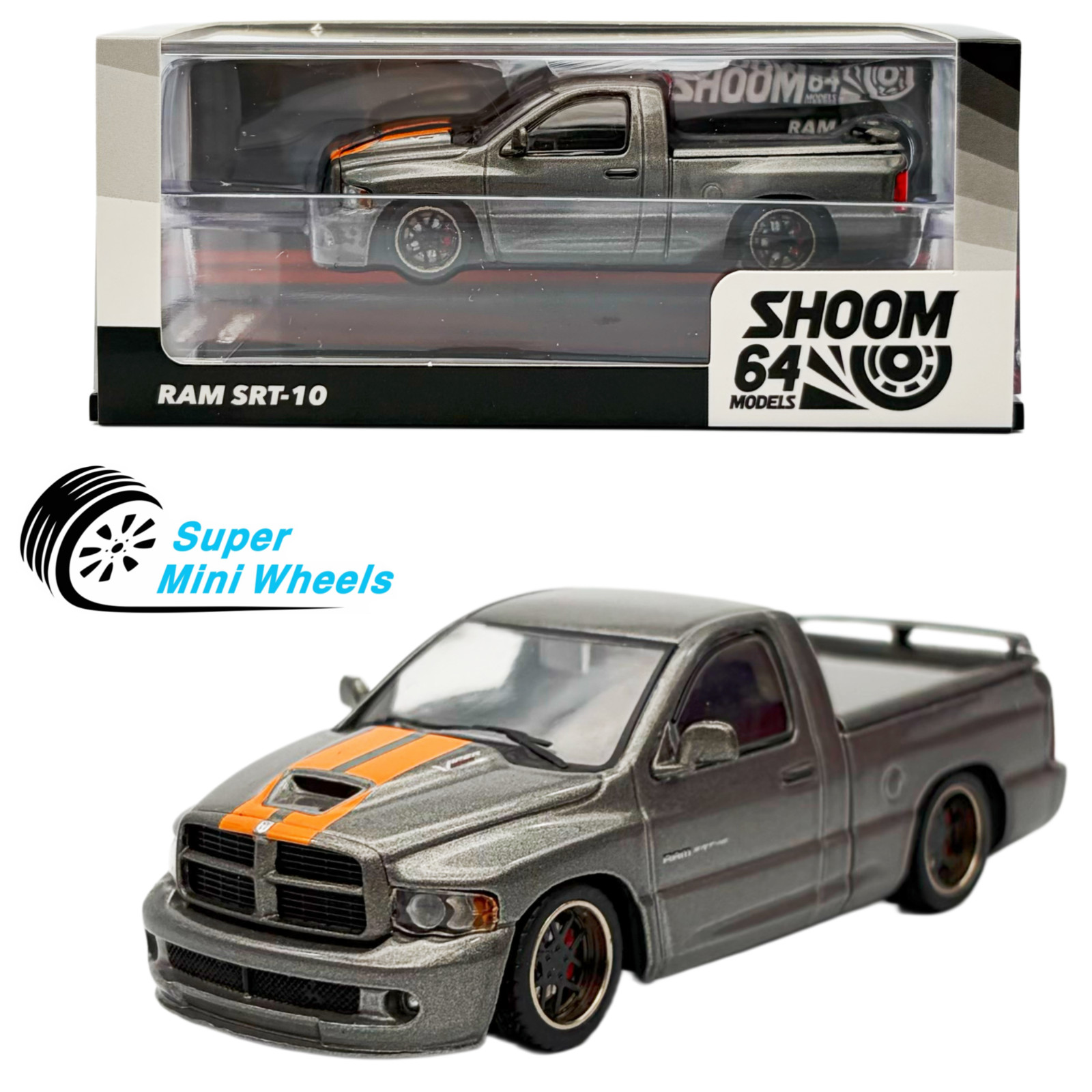 SHOOM64 1:64 2003 Dodge Ram SRT-10 Pickup – Grey with Orange SHOOM64 1:64 2003 Dodge Ram SRT-10 Pickup – Grey with Orange