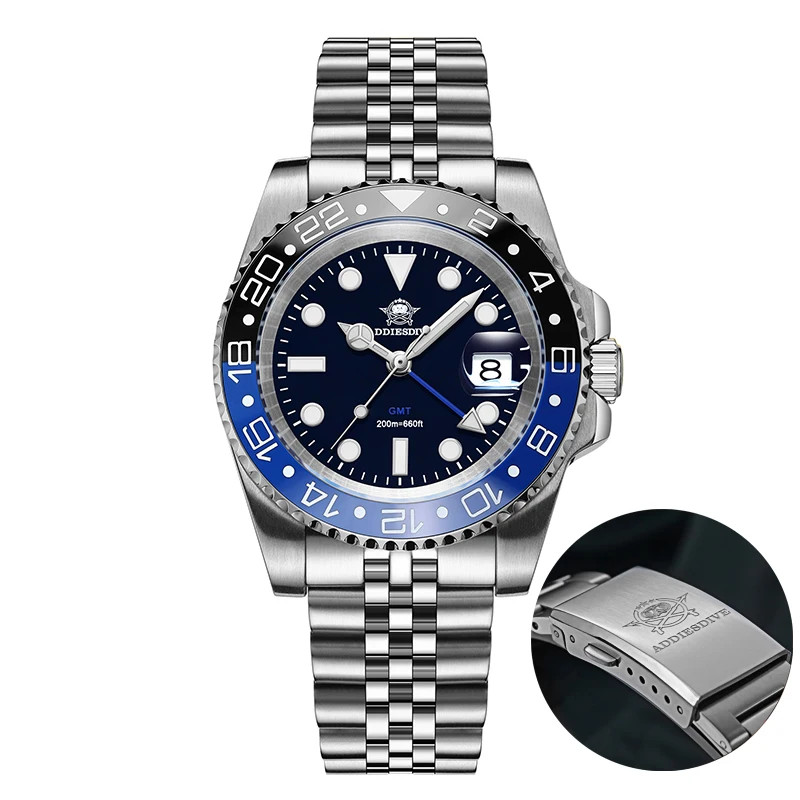 ADDIESDIVE AD2050 Men\'s GMT Watch Swiss Ronda 515-24 316L Steel 200M WR