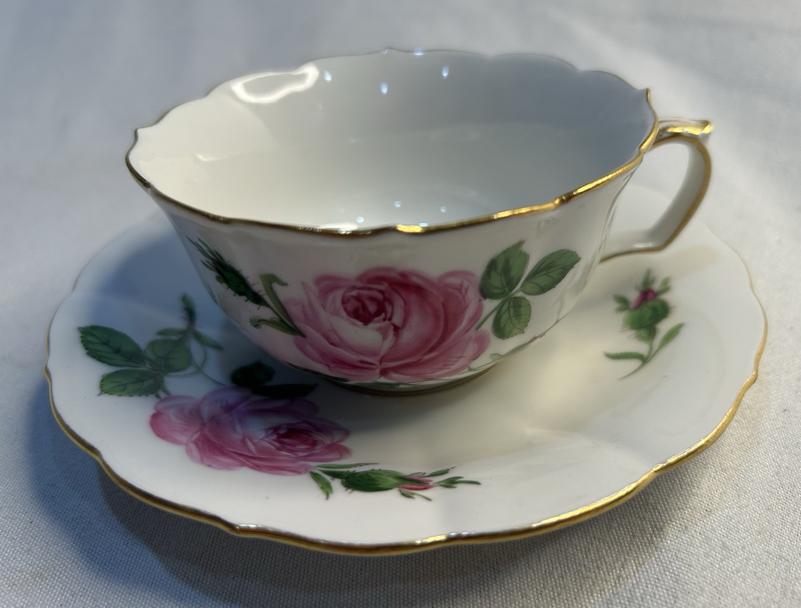 Vintage Meissen Pink Rose Cup & Saucer Crossed Swords Excellent Condition