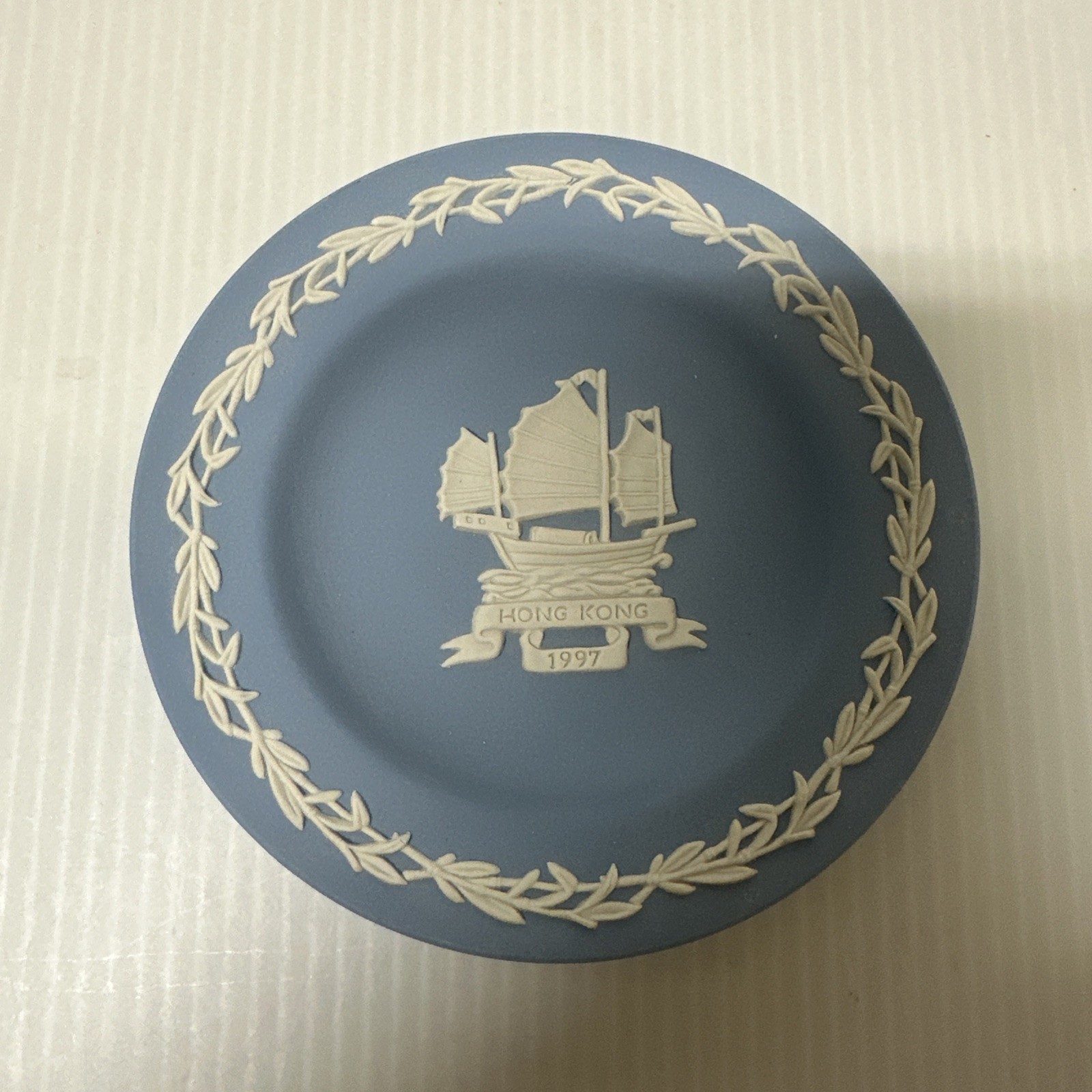 Wedgwood Blue Jasperware Hong Kong 1997 Commemorative Mini Plate Junk Boat 4.5\