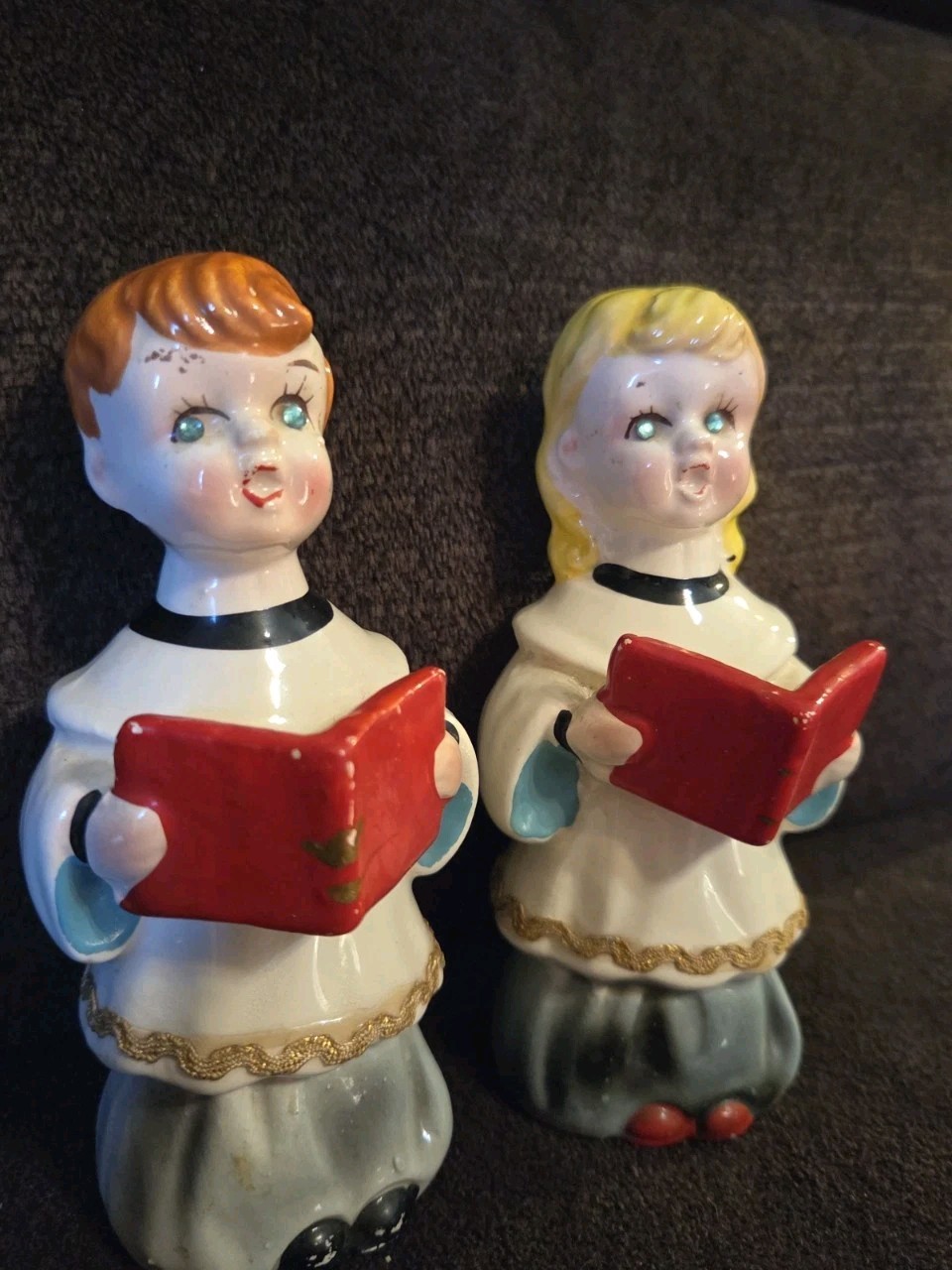 Vintage Ceramic Christmas Carolers Made Japan Gem Blue Eyes 5.5” Boy & Girl Vintage Ceramic Christmas Carolers Made Japan Gem Blue Eyes 5.5” Boy & Girl