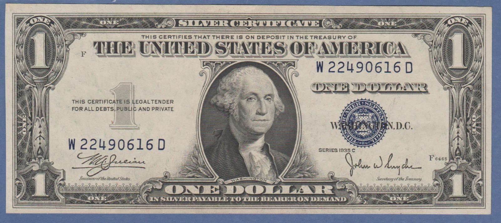 1935-C United States 1 Dollar Silver Certificate F-1612 Bank Note W22490616D