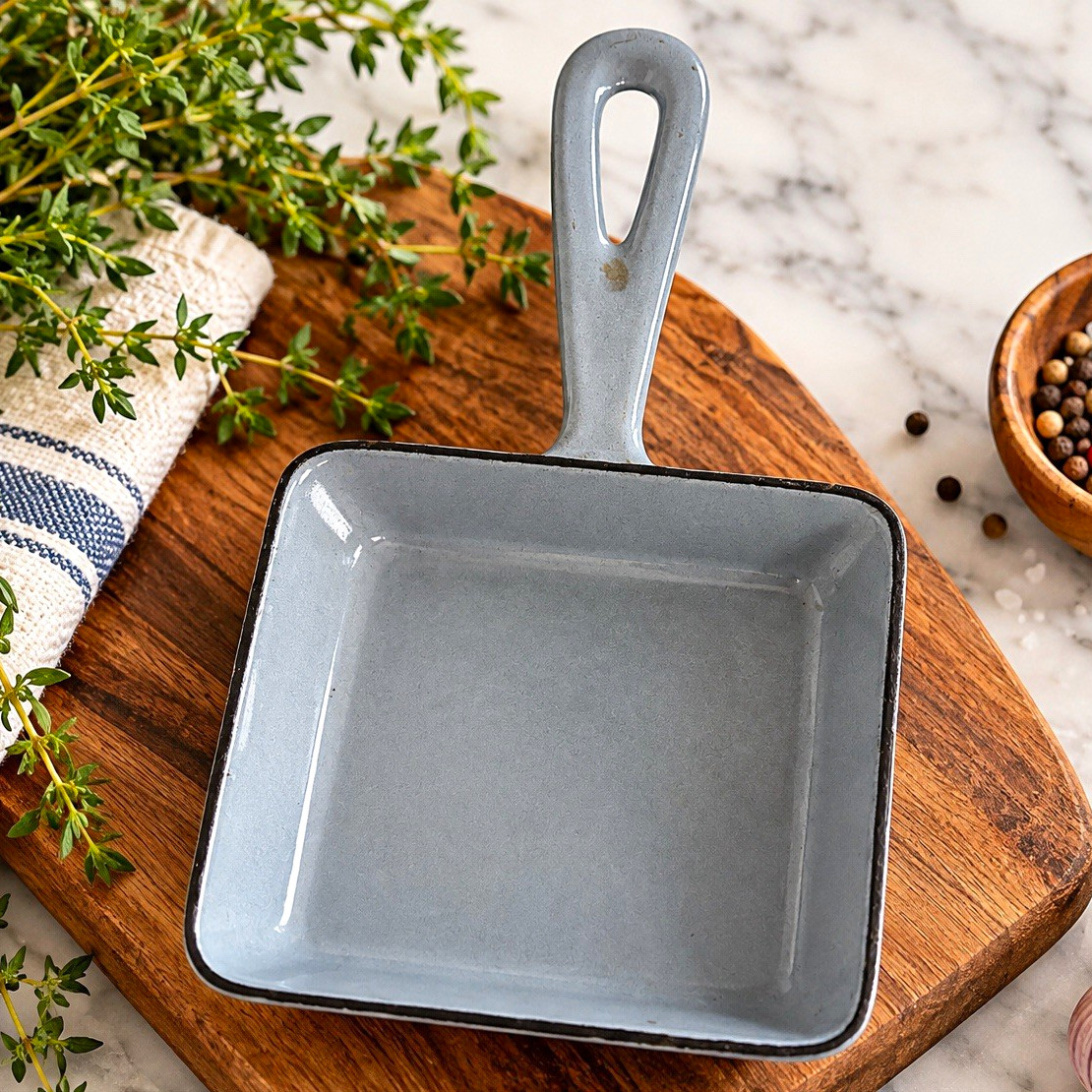 Vintage Mini Square Cast Iron Skillet Gray Enamel Small Egg Pan Kitchen Decor
