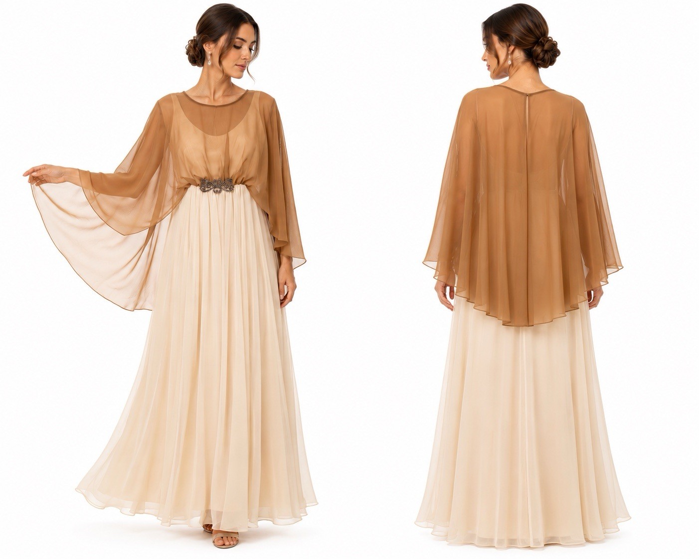 vintage 70s chiffon capelet sleeve evening gown MEDIUM goddess formal romantic