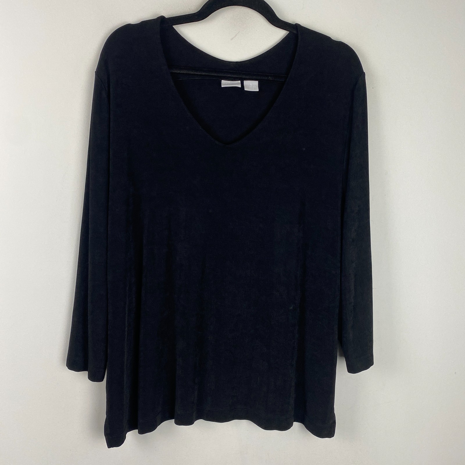 Chicos Travelers Blouse Size 3 US XL Black Slinky Knit V Neck 3/4 Sleeves