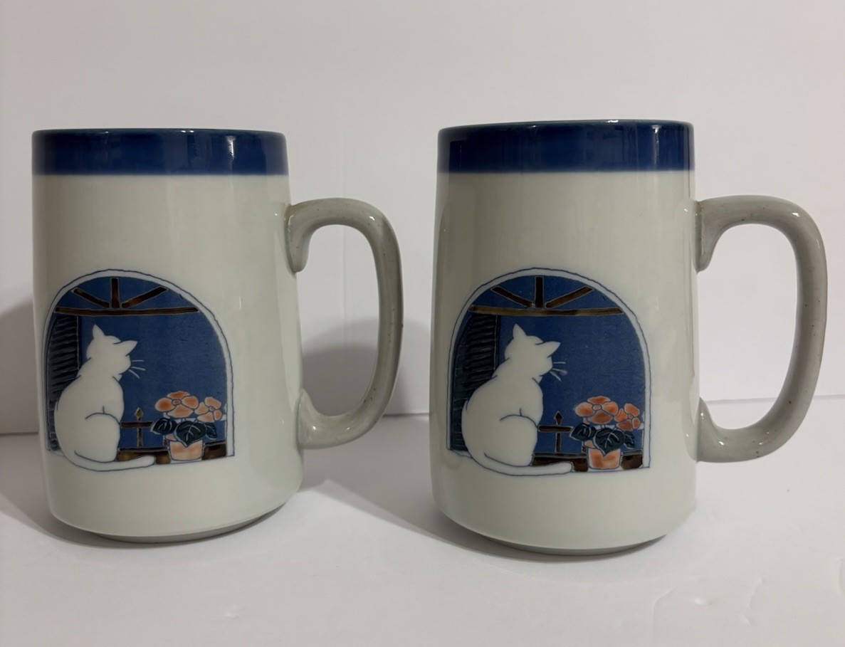 Utagiri Ceramic Cat in Window Tall Coffee Cup Mug 16oz Set Of 2