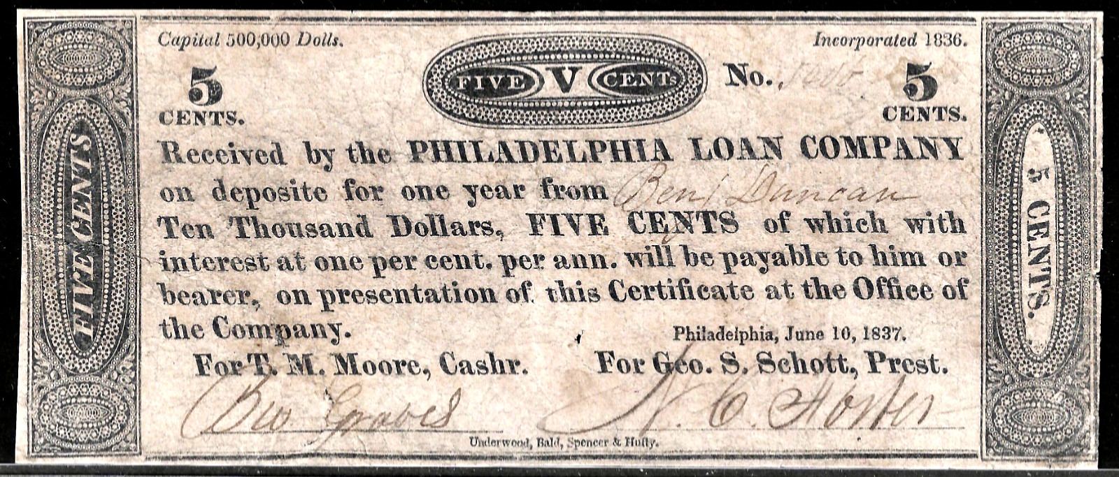 June 10, 1837 PA Pennsylvania Philadelphia Loan Co 5¢ Cents Obsolete Banknote