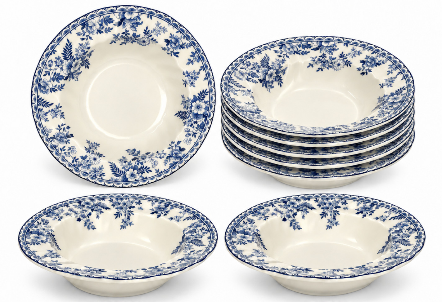 Johnson Brothers Devon Cottage Pasta Bowls Set of 10 Blue White Floral 8.75\