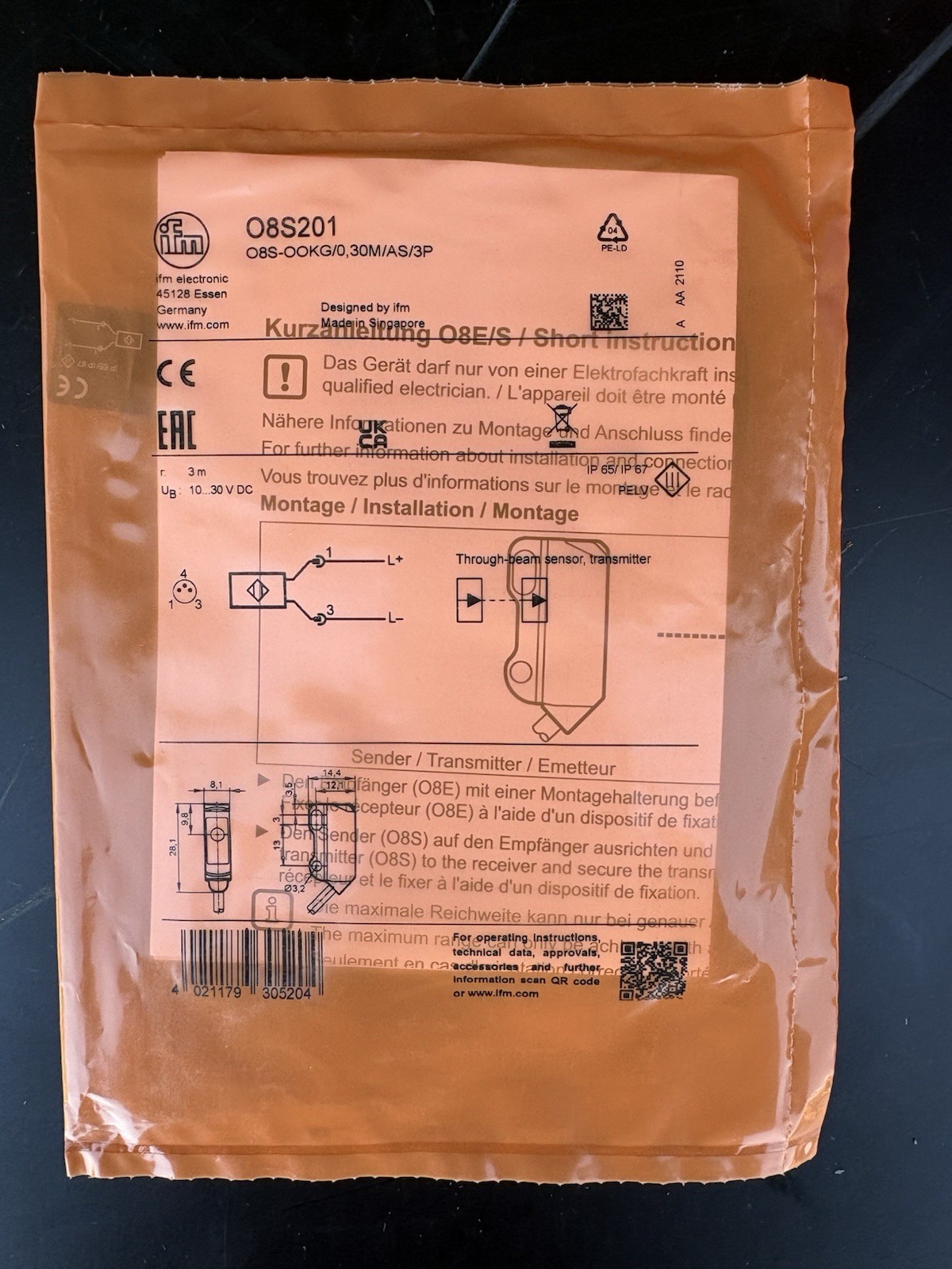 NEW IFM Efector O8S201 Through-Beam Sensor Transmitter O8S-OOKG/0,30M/AS/3P