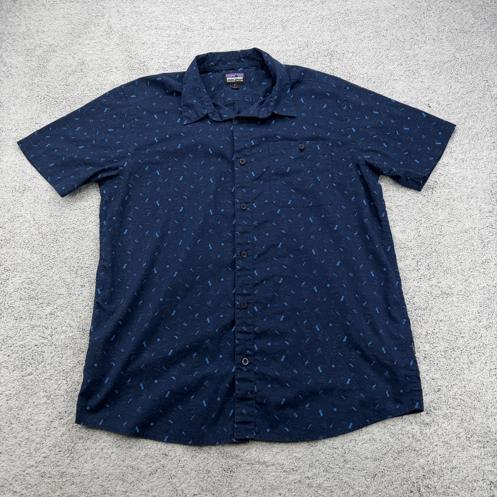 Patagonia Go To Shirt Mens Large Navy Blue Geometric Pocket Organic Cotton Blend
