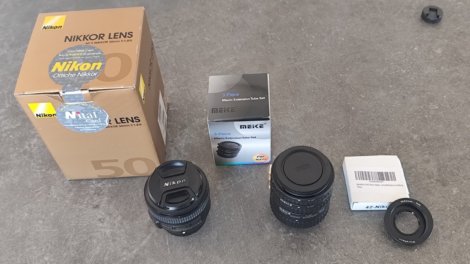Nikkor Nikon 50 1.8G AF-S + Meike Macro Extension Tube Set + M42 Ring