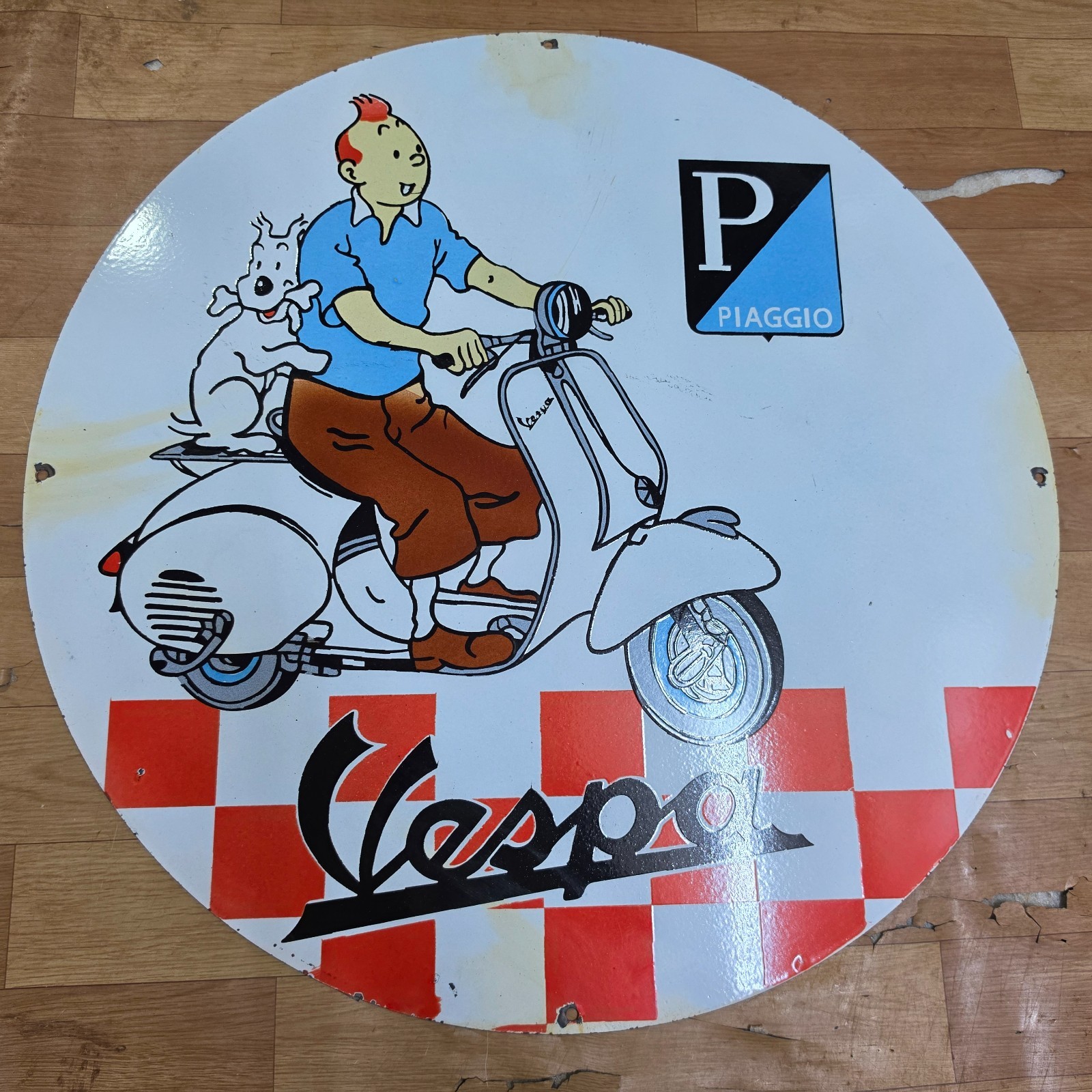 VESPA TINTIN PORCELAIN ENAMEL SIGN 29 X 29 INCHES