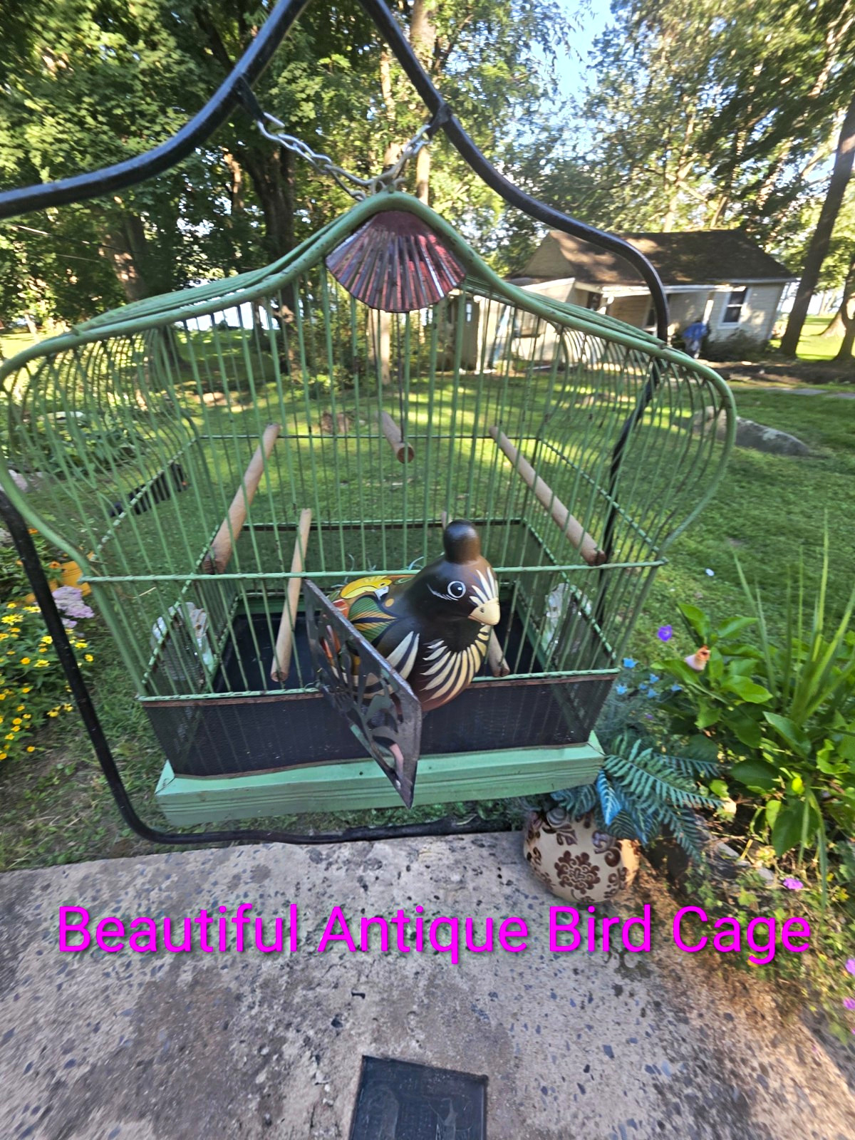 Vintage Antique Green/Black Metal Bird Cage Stand w/ Perches & Cup