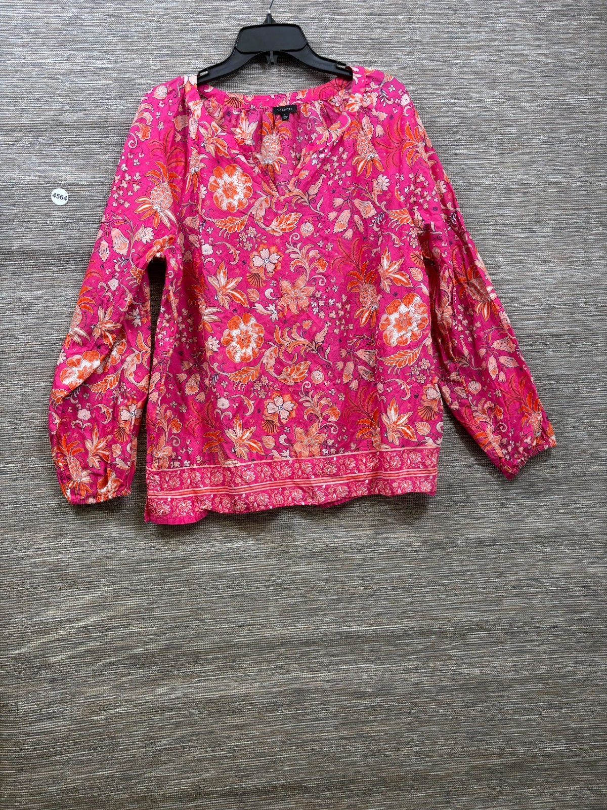 Talbots Pink Floral Cotton Long Sleeve Blouse Size L Split Neckline
