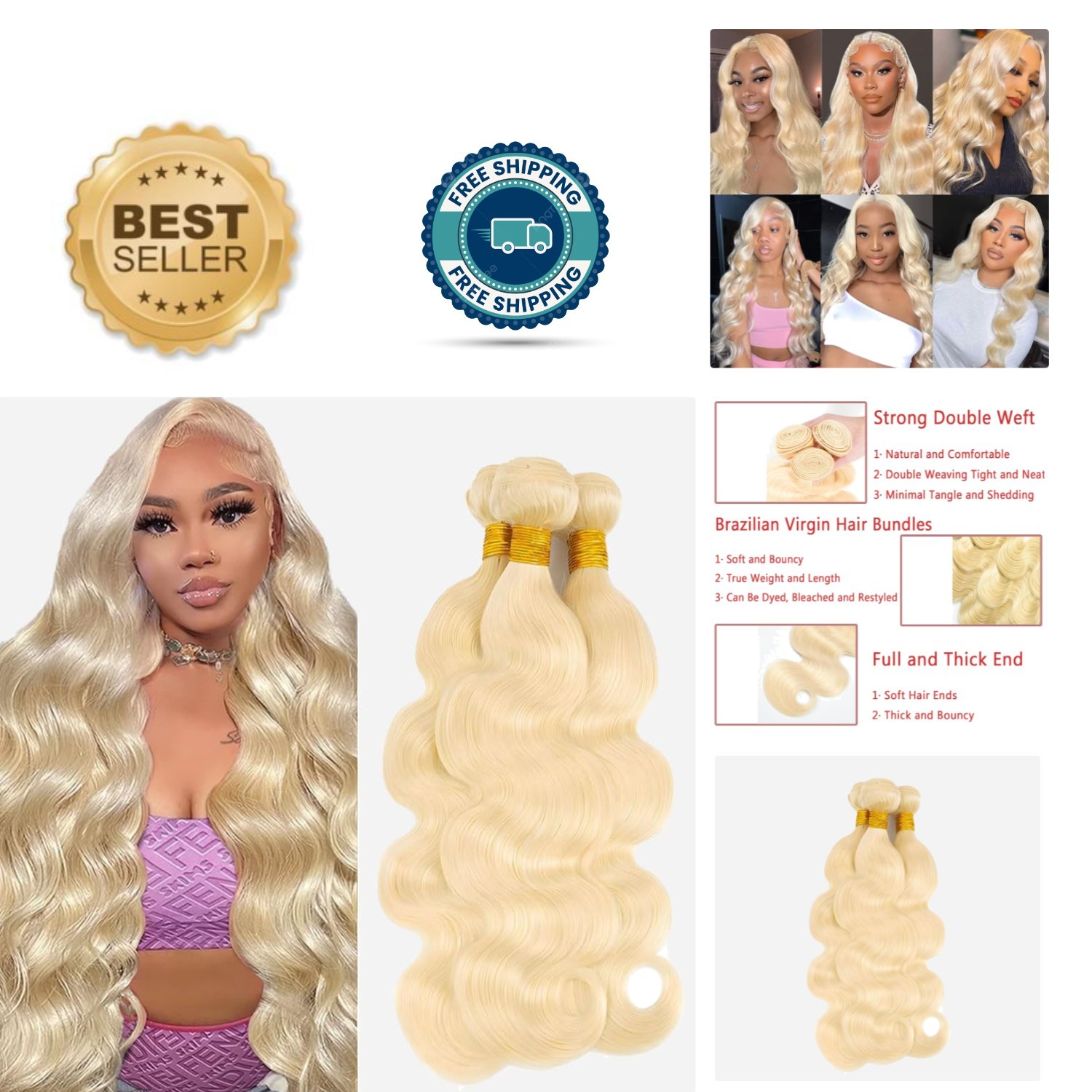 Gorgeous 613 Blonde Body Wave Hair Bundles - 3 Packs, Sew-In Style, 26-30 Inches