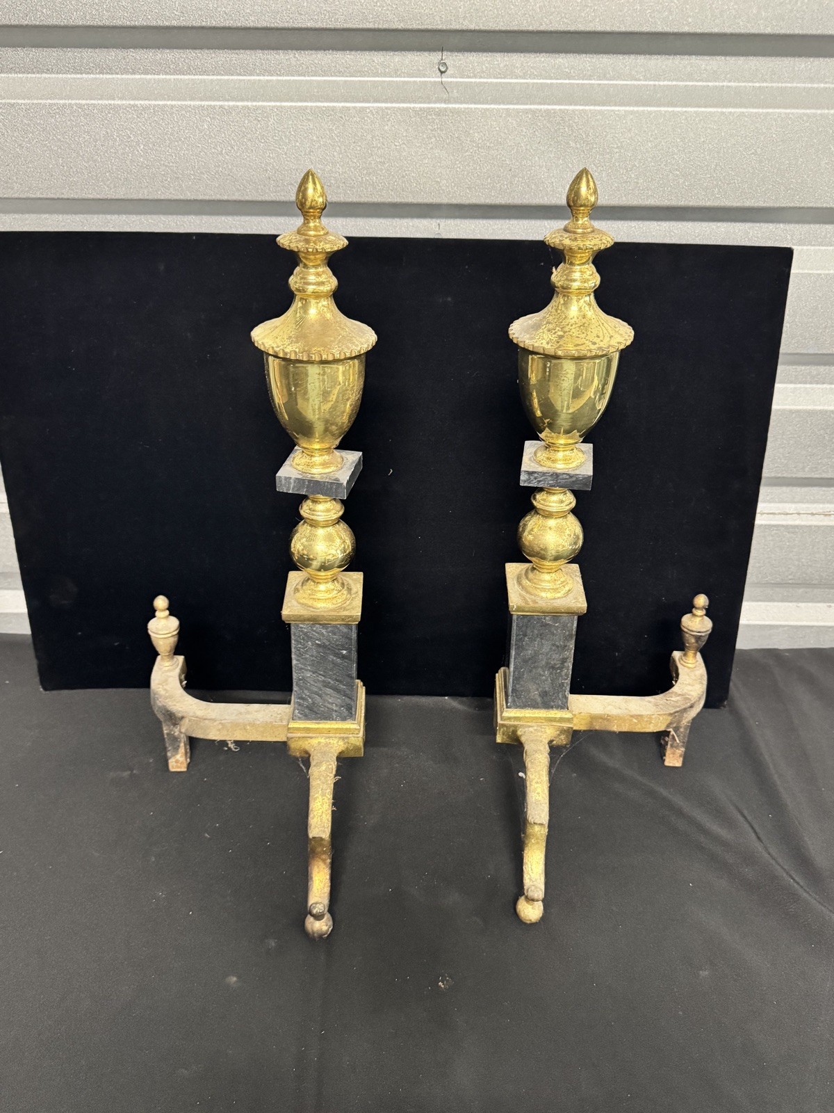 Vintage Brass Black Stone Federal Regency Style Fireplace Andirons Pair 25.5\