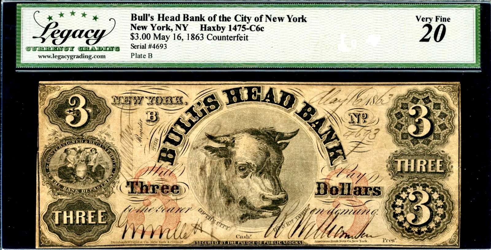 May 16, 1863 Bulls Head Bank New York City Counterfeit $3 Obsolete Note LCG VF20
