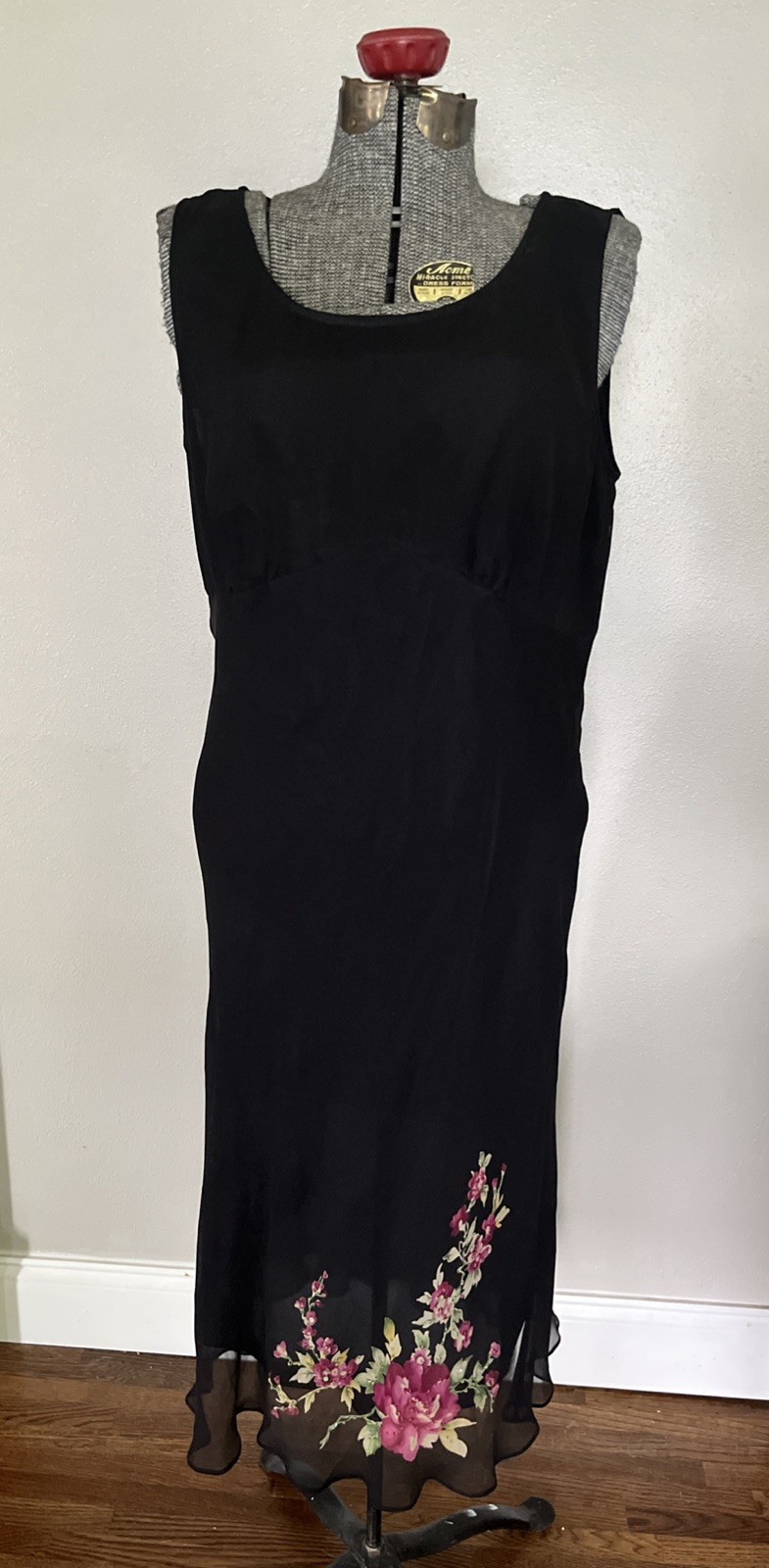 Vintage Silk Robbie Bee Women\'s Black Floral Midi Slip Dress Y2K Fairycore