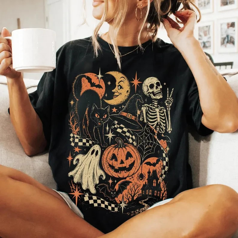 Retro Halloween Shirt, Y2K  Tee, Vintage Black Cat Ghost Skeleton
