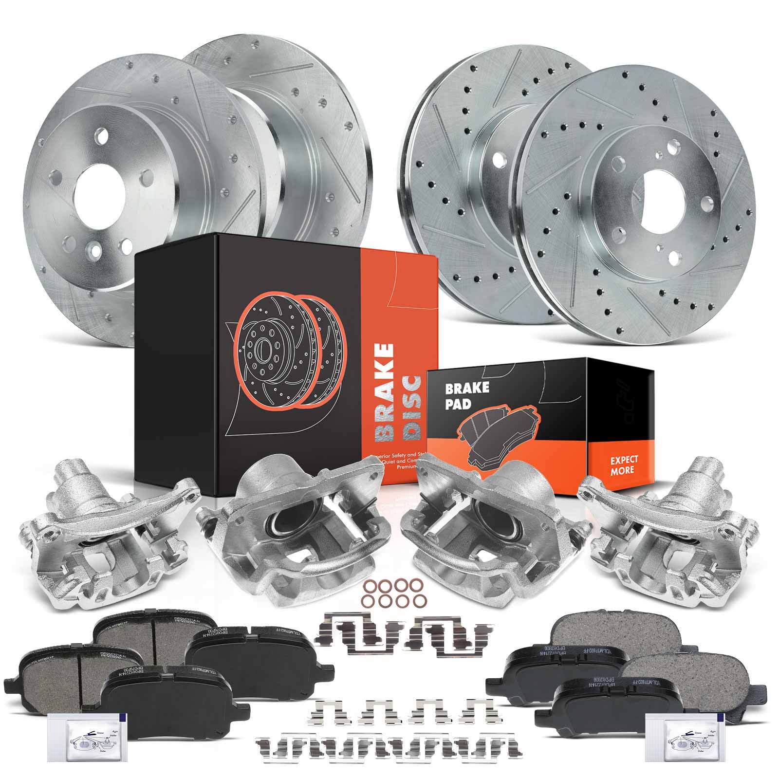 Front & Rear Drilled Brake Rotor & Brake Pad + Brake Caliper for Toyota Avalon
